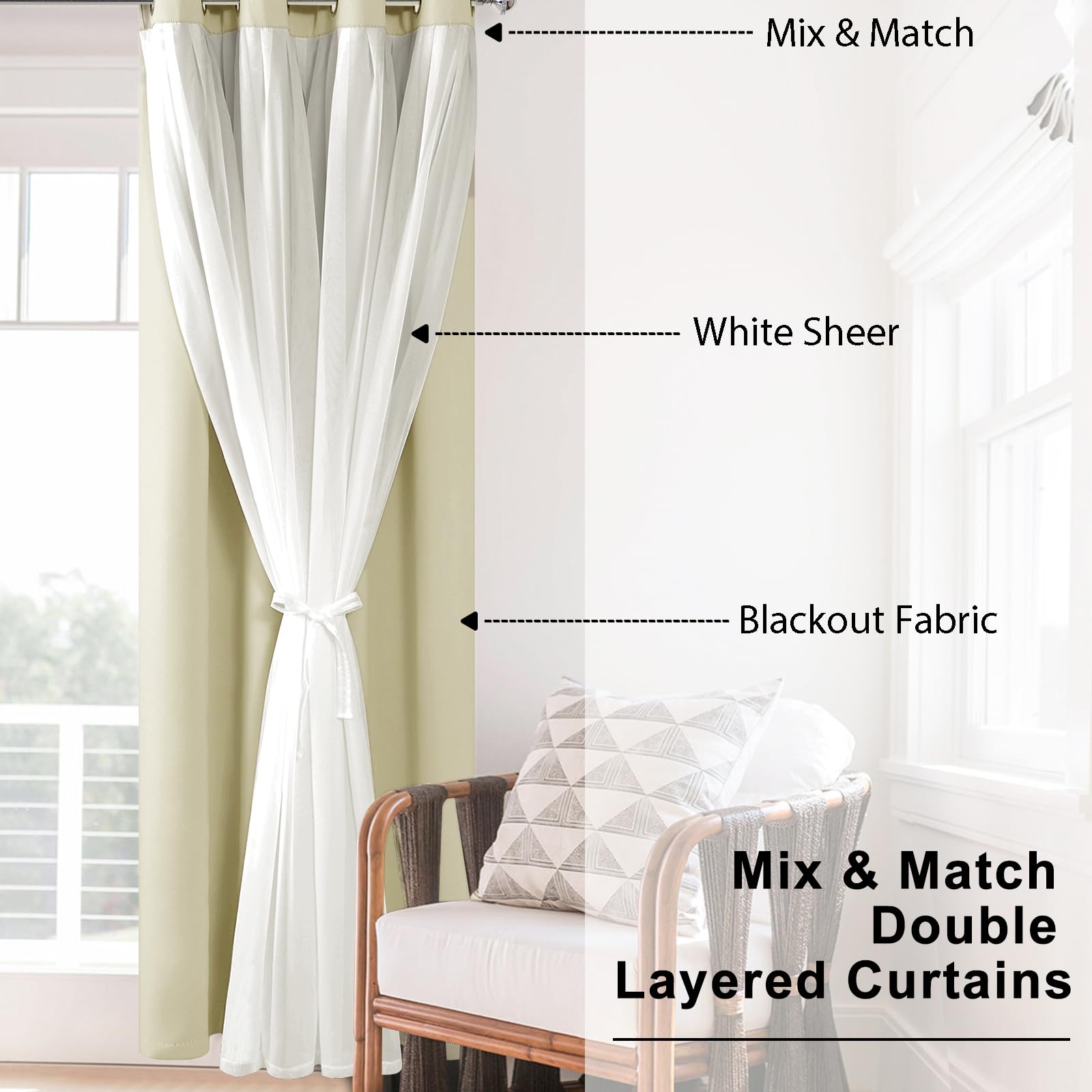 Hiasan Blackout Curtains With White Sheer Overlay, Double Layer Mix & Match Thermal Insulated Grommet Window Curtains For Bedroo
