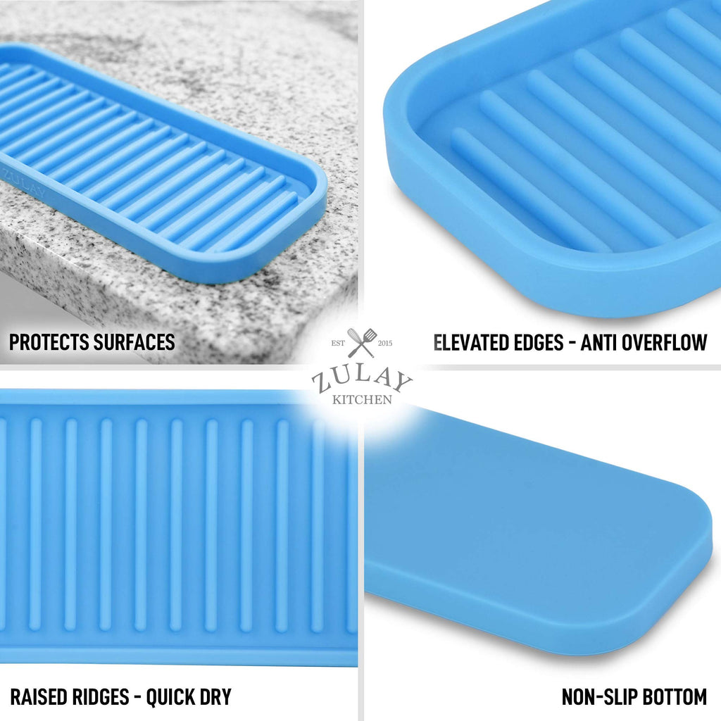 Zulay (9X3.5) Silicone Sponge Holder For Kitchen Sink - Flexible Multipurpose Kitchen Soap Tray Sponge Holder - Sink Organizer Tray For Kitchen, Bathroom, Makeup, Trinkets & More (Blue)