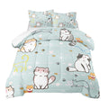 Cat Comforter For Girls Kids Teen, Cartoon Cat Bedding Set Full Size, Cute Animal Pattern Blue Comforter Set Soft Breathable Mic