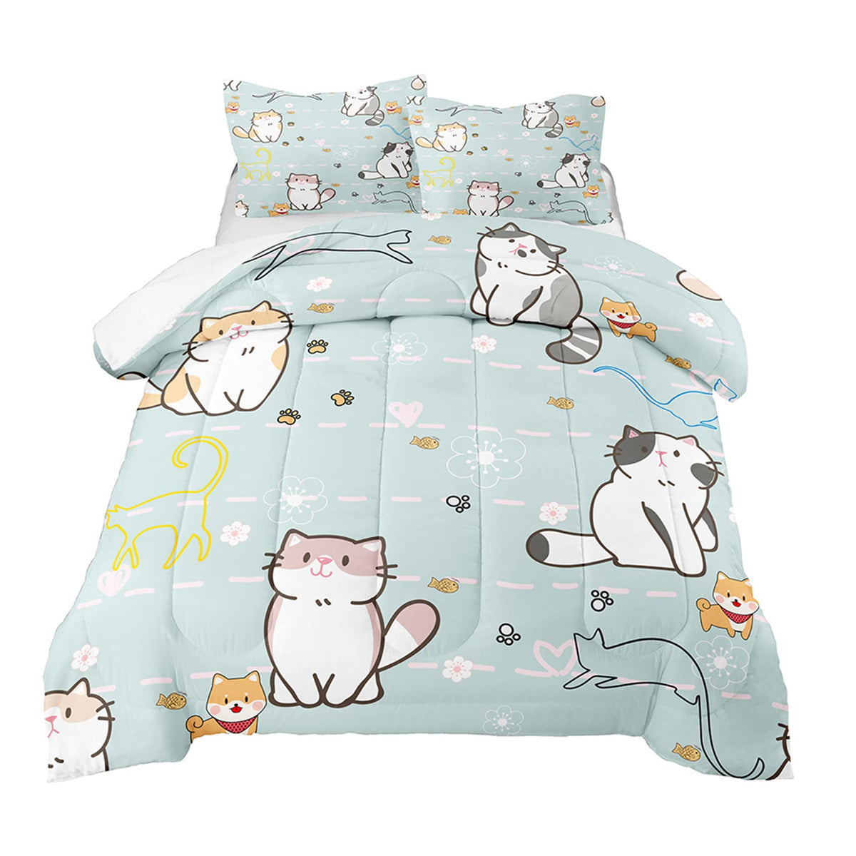 Cat Comforter For Girls Kids Teen, Cartoon Cat Bedding Set Full Size, Cute Animal Pattern Blue Comforter Set Soft Breathable Mic