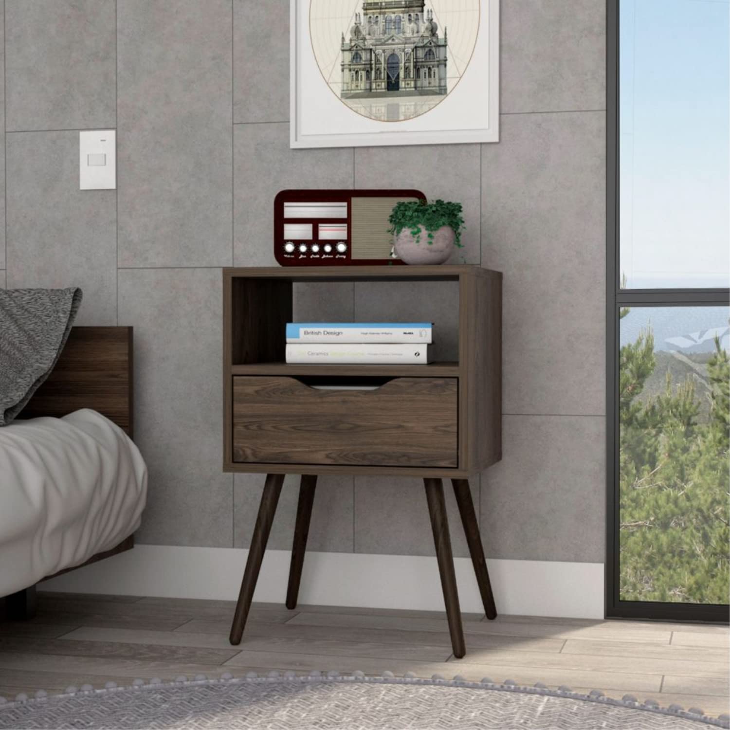 Emma Nightstand with Drawer and Open Shelf, Dark Walnut