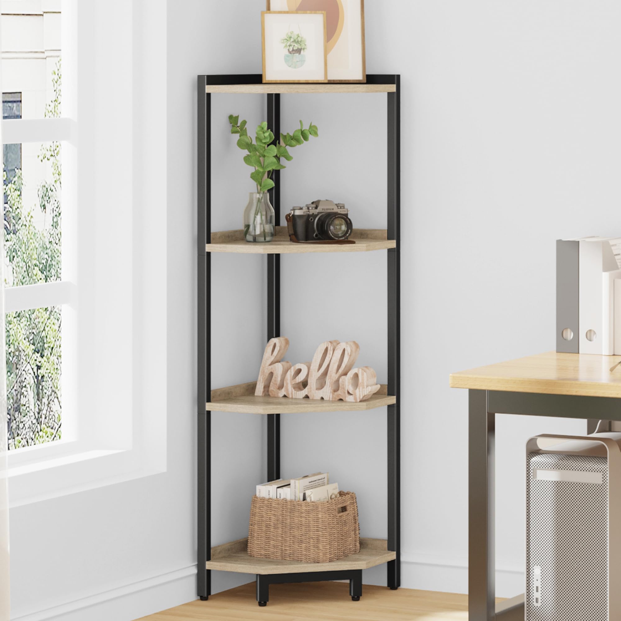 Hzuaneri Corner Shelf Stand, Corner Bookshelf, Storage Standing Shelf Unit With Metal Frame, Plant Stand, Corner Bookcase For Living Room, Home Office, Bedroom, 4-Tier Greige Cs05805B
