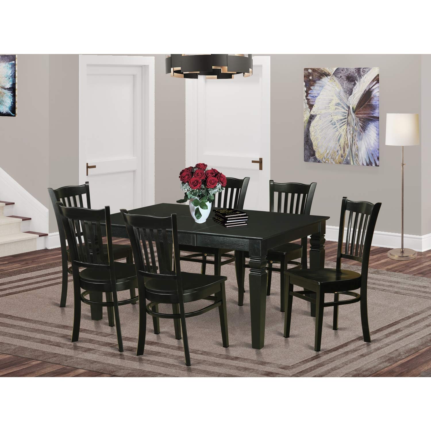 East West Furniture WEGR7-BLK-W 7 Piece Dining Table Set Consist of a Rectangle Dining Room Table with Butterfly Leaf and 6 Wooden Seat Chairs, 42x60 Inch, Black