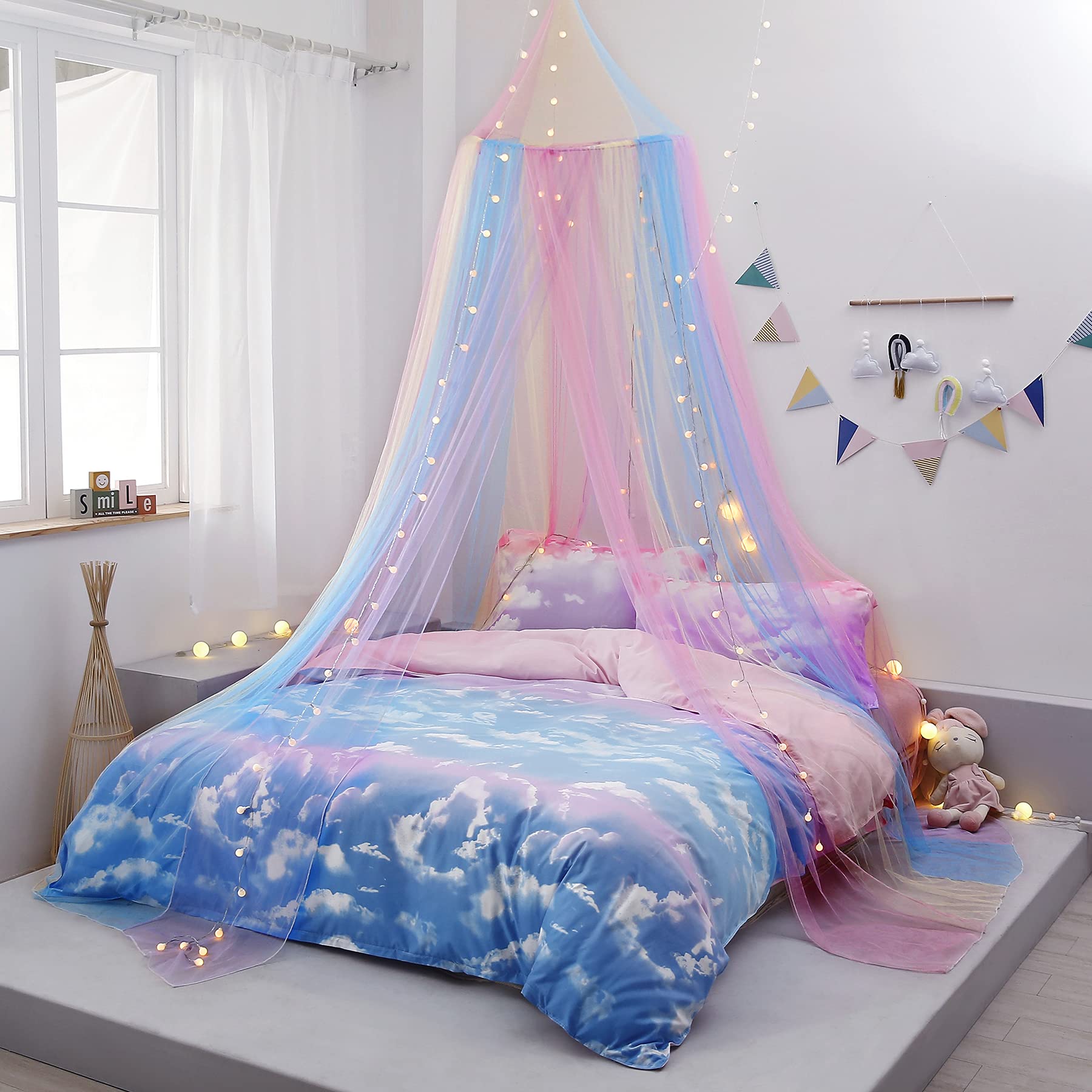 Rainbow Bed Canopy With Lights For Girls, Canopy For Girls Room Bed Netting For Twin Single Full Queen Size Bed,Reading Corners