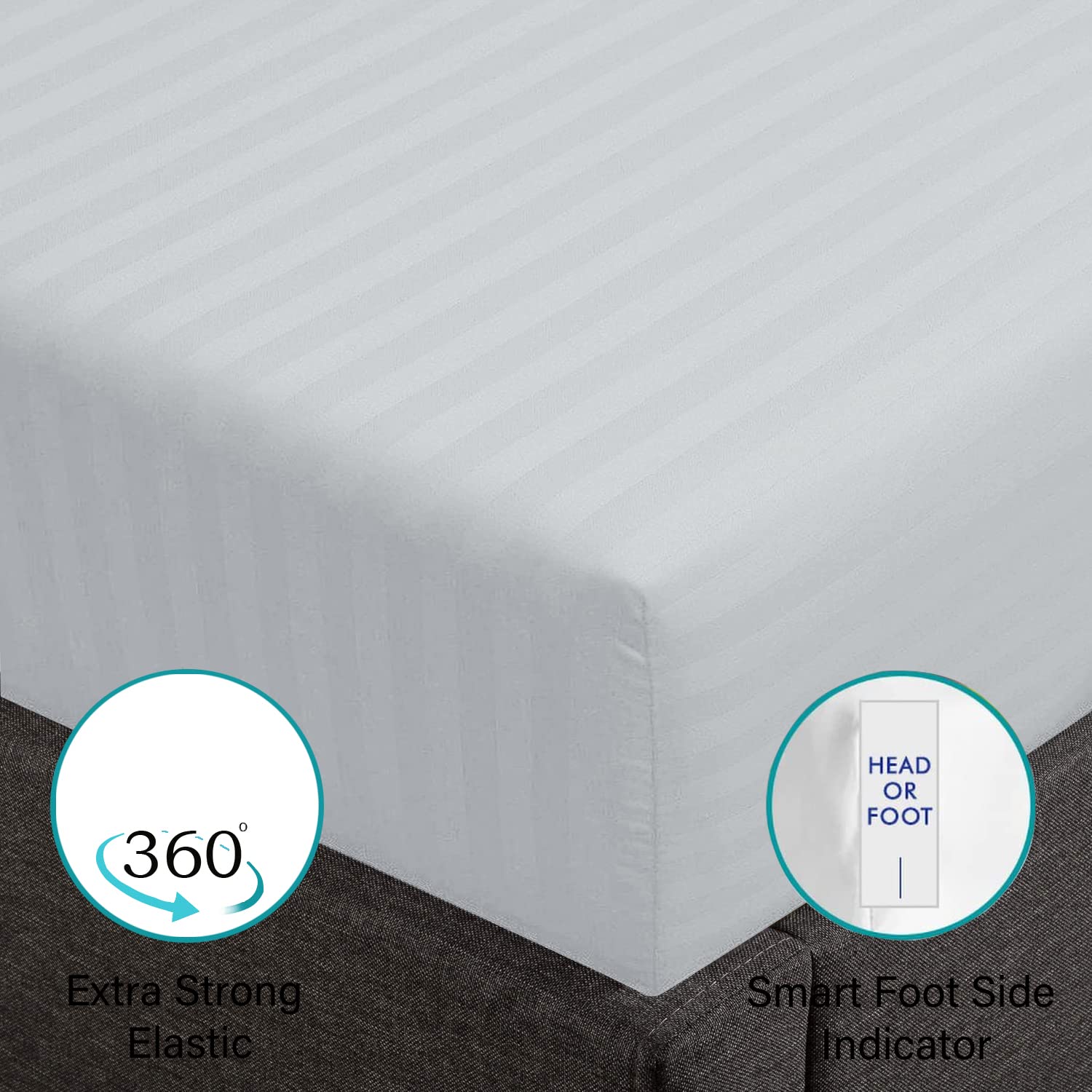 Feather & Stitch 100% Cotton 1 Piece Damask Stripe Queen Fitted Sheet 500 Thread Count Blue Blush 18 Inch Extra Deep Pocket Luxury Sateen Weave Stretchable Elastic Fits Mattress Perfectly