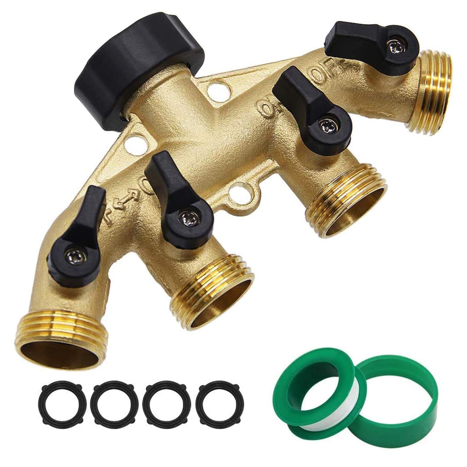Twinkle Star 4 Way Heavy Duty Brass Garden Hose Splitter, Hose Connector 3/4', Hose Spigot Adapter With 4 Valves, Hose Bib Spli