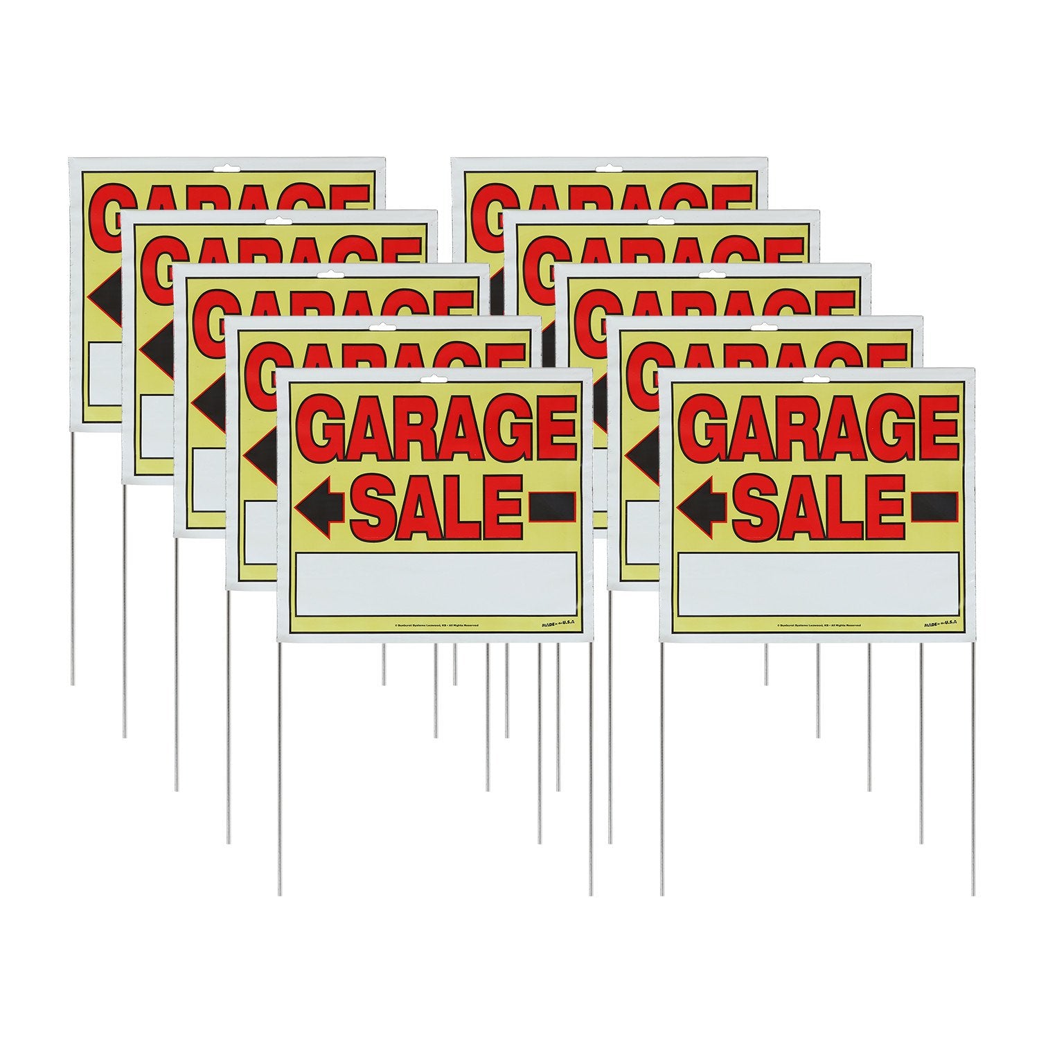 Sunburst Systems 3905 Garage Sale Sign, Assembled With Metal U-Stake, Double Sided, 14' X 22' (Including Stakes), 10 Pack