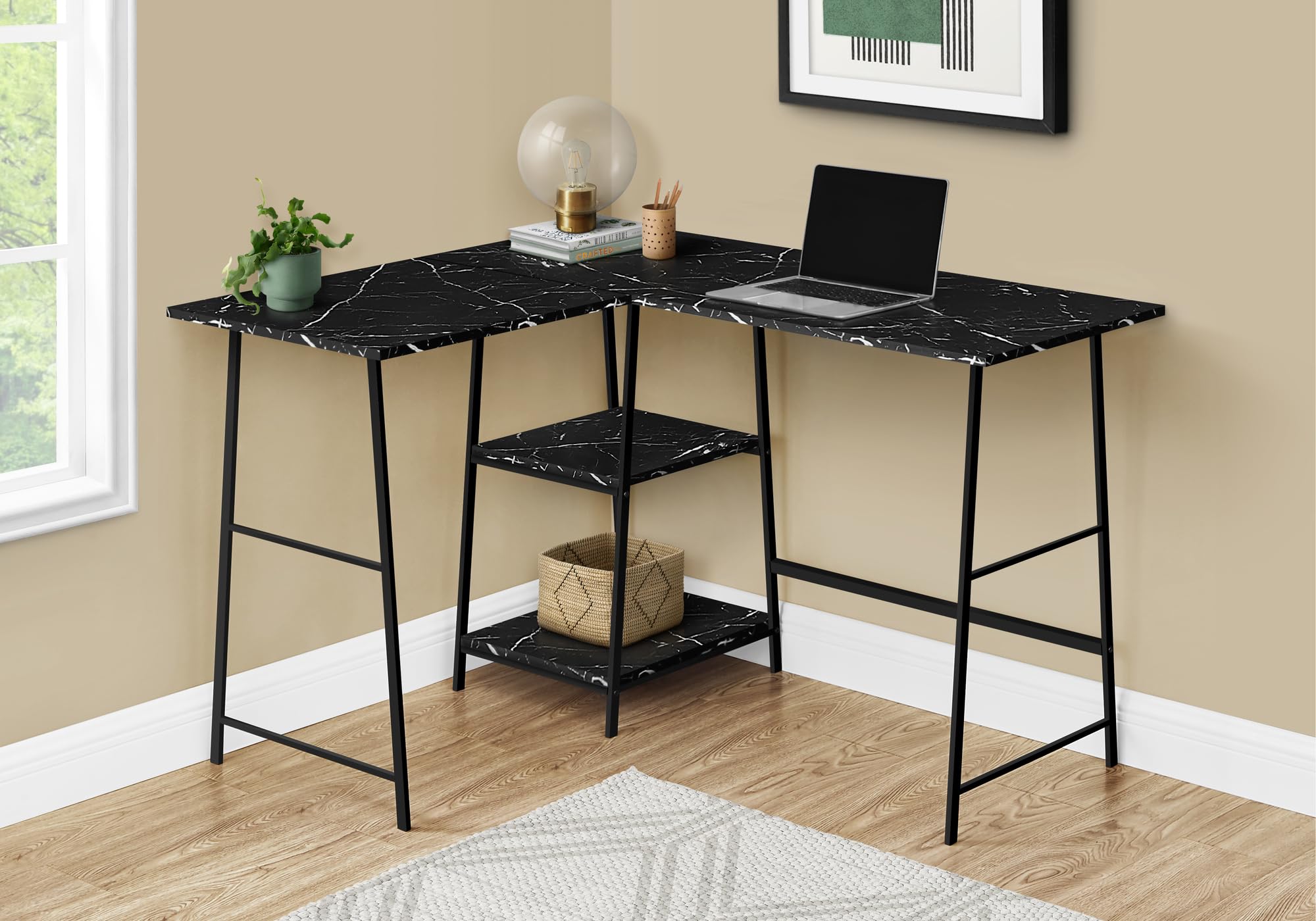 Monarch Specialties 7594 Computer Desk, Home Office, Corner, Storage Shelves, 48' Shape, Work, Laptop, Metal, Laminate, Look, Contemporary Desk-48 L Black Marble Black, 42' L x 47.25' W x 30' H