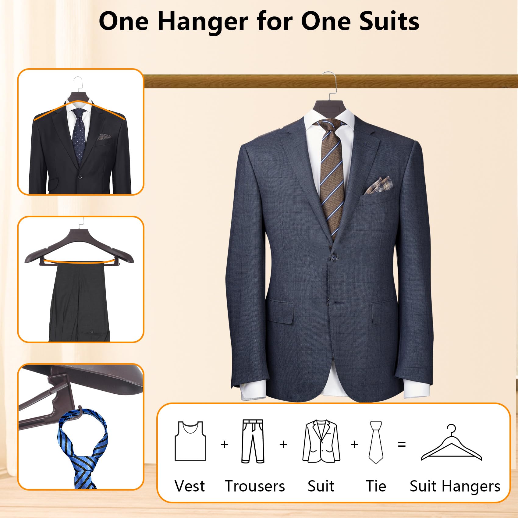 Dedu Suit Hangers For Men 10 Pack, Extra Wide Hangers Non Slip Width 17.7'', Brown Coat Hangers Thick Plastic With Pants Bar 360