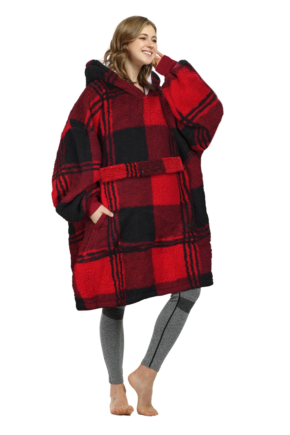 Catalonia Red Plaid Oversized Wearable Blanket Hoodie Sweatshirt, Comfortable Sherpa Lounging Pullover For Adults Men Women Wife