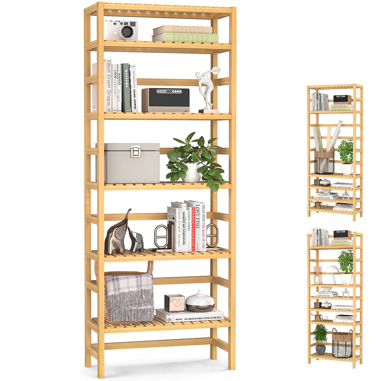 Homykic 6-Tier Bamboo Bookshelves And Bookcases, Adjustable 63.4”Tall Shallow Book Shelf Organizer Rack, Freestanding Storage Shelving Unit For Living Room, Kitchen, Bathroom, Office, Natural