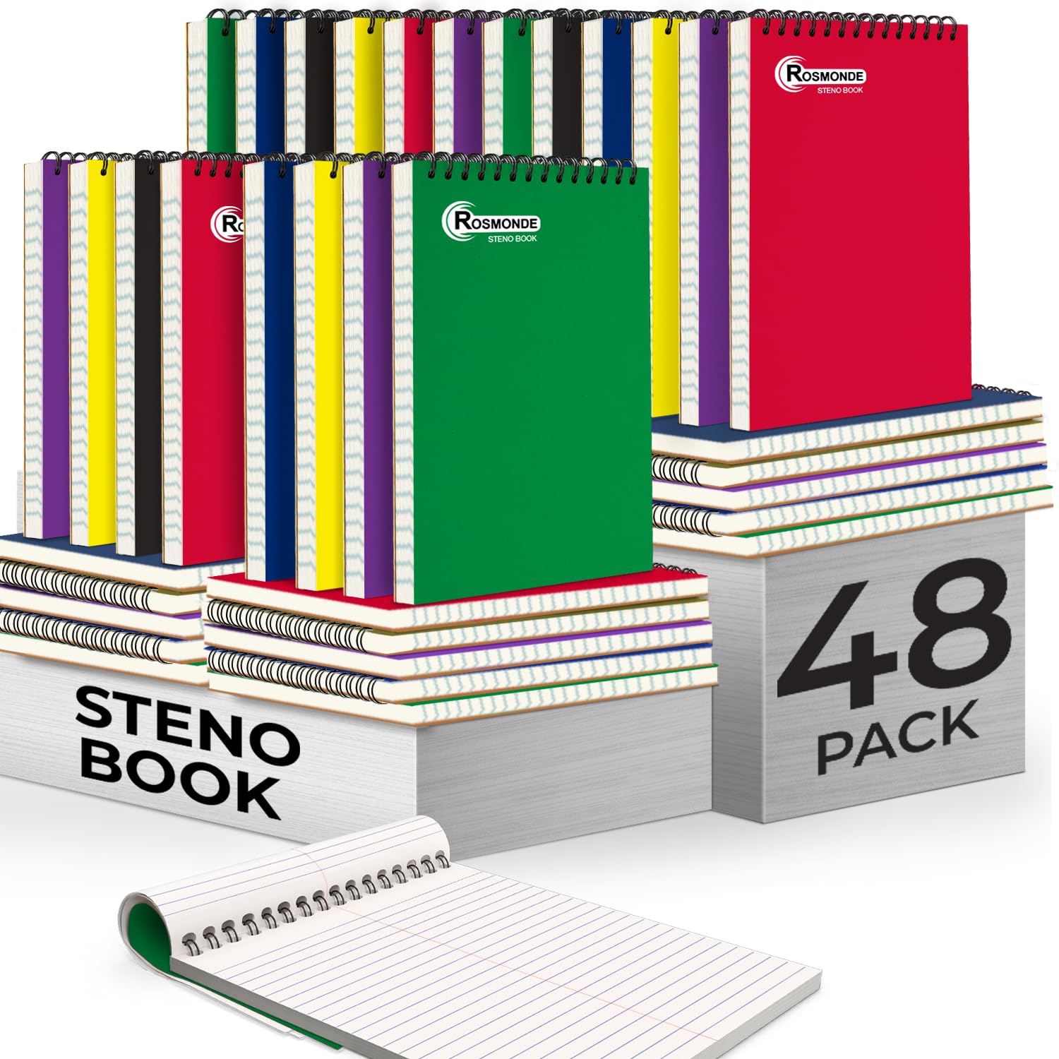 Rosmonde 48 Pack Bulk Spiral Steno Book, 6' X 9' Gregg Ruled Steno Notebook, Assorted Covers, 80 Sheets (160 Pages) Bulk Steno