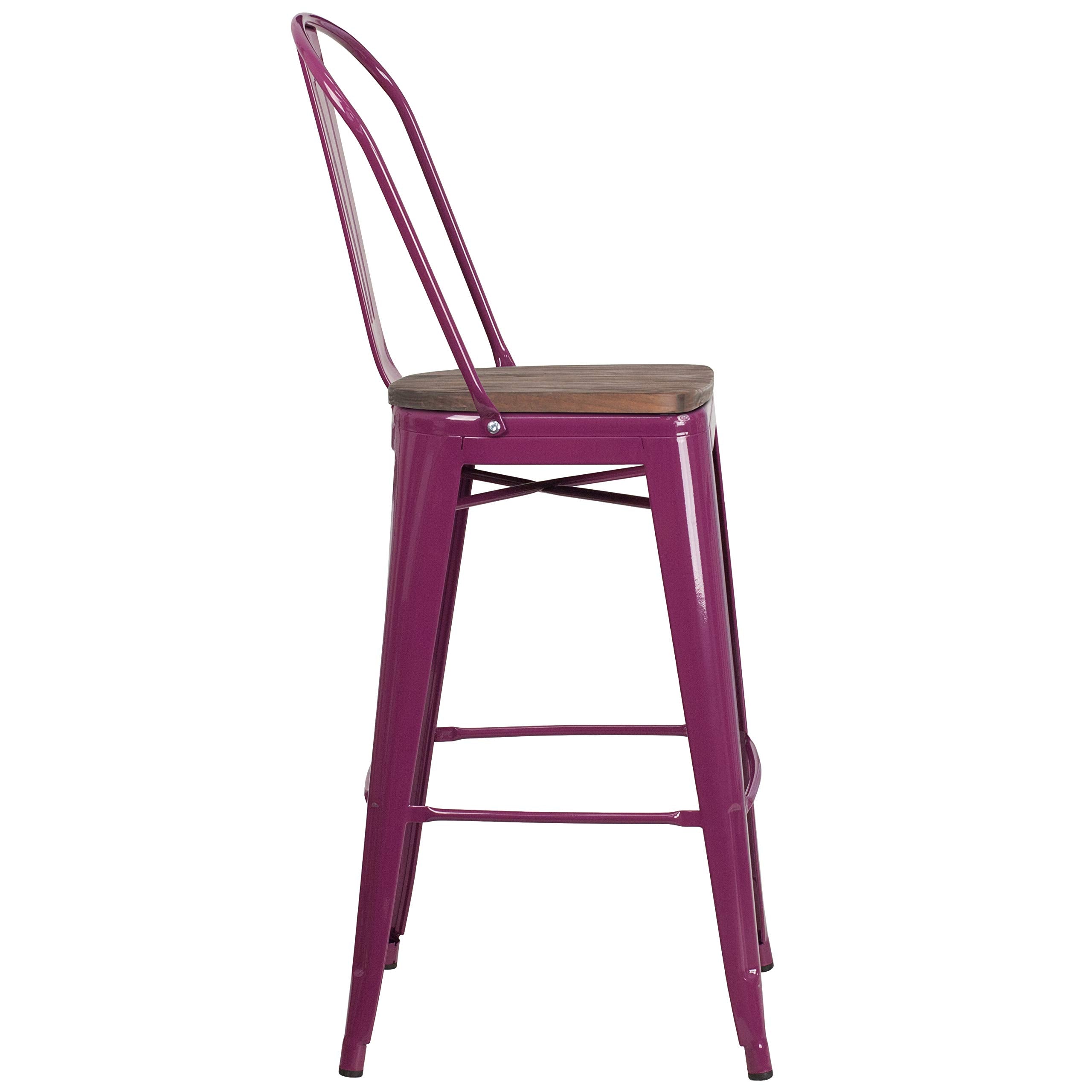 Flash Furniture 30' High Purple Metal Barstool With Back And Wood Seat
