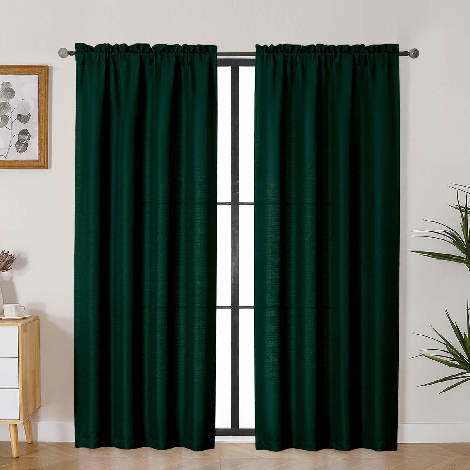 Lecloud Bessie Hunter Green Curtains 72 Inches Long 2 Panels, Airy Faux Linen Textured Living Room Curtains for Bedroom Decor, L