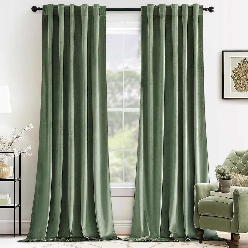 Miulee Sage Green Velvet Curtains 96 Inches Long - Luxury Blackout Curtains For Bedroom Living Room Thermal Insulated Super Soft Window Drapes Back Tab Rod Pocket, W52 X L96 Inches, 2 Panels