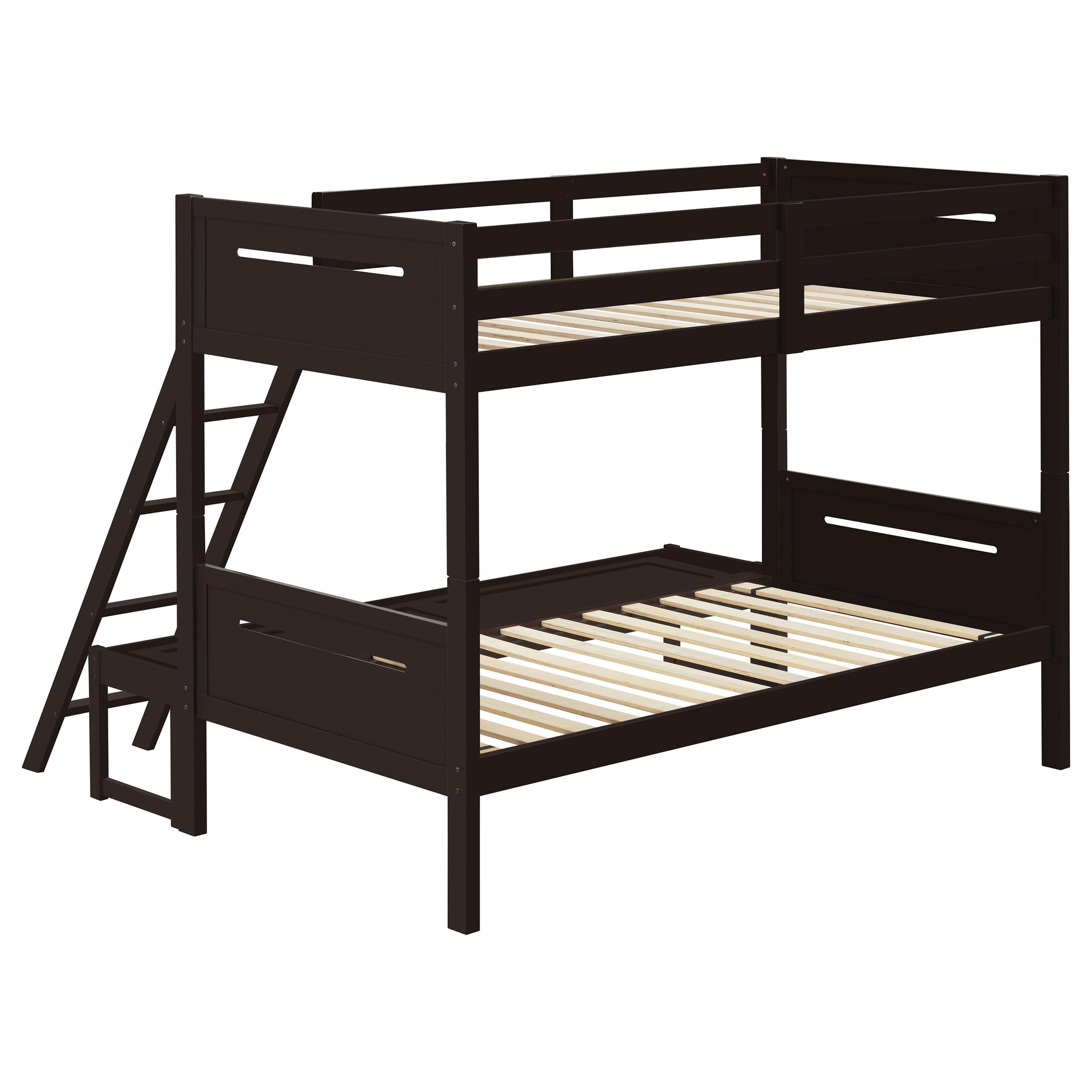 Coaster Home Furnishings Littleton Transitional Wood Twin Over Full Size Bunk Bed Frame with Ladder and Guardrails Fully Slatted Mattress Ready Foundation Espresso 405052BRN