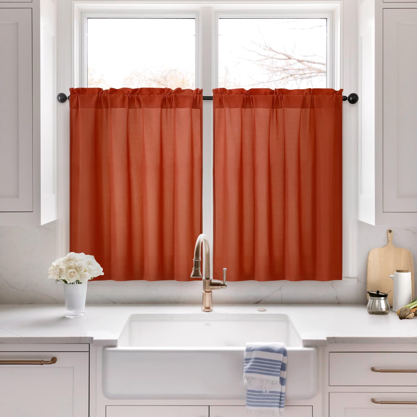 HOMEIDEAS Non-See-Through Fall Burnt Orange Privacy Sheer Kitchen Curtains, 30 X 36 Inches Long 2 Panels Short Sheer Curtains Li