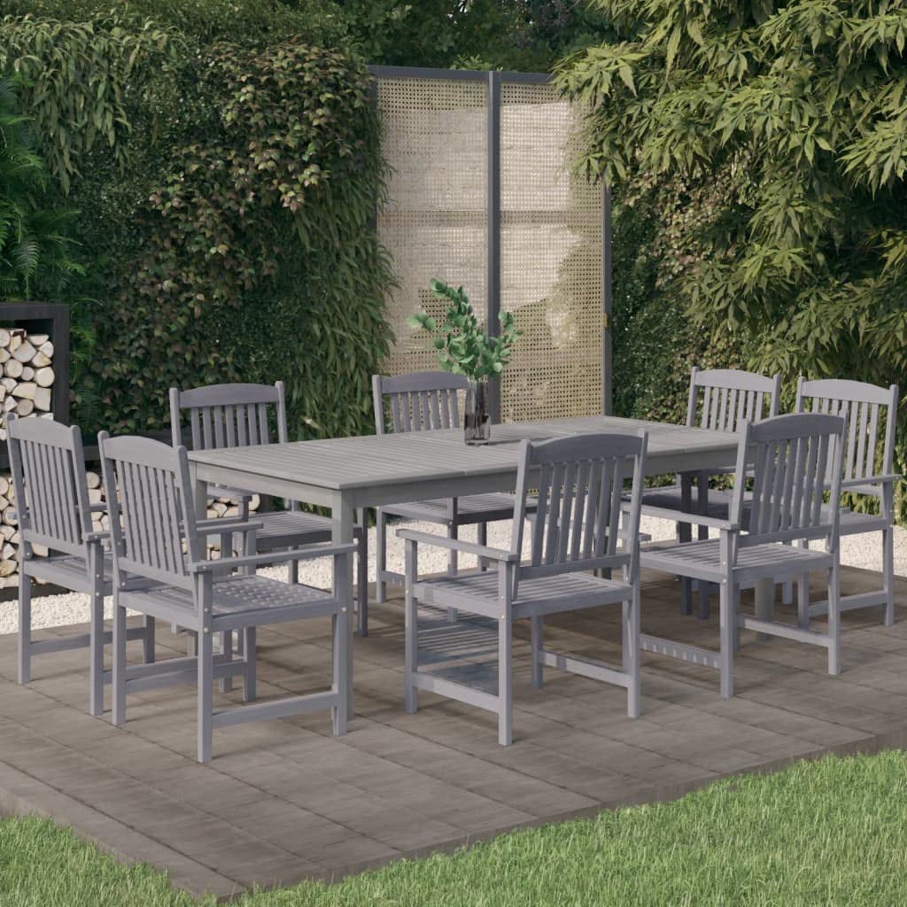 vidaXL 7-Piece Acacia Wood Patio Dining Set - Gray Outdoor Dining Furniture with Sturdy Frame and Umbrella Hole, for Gardens/Decks