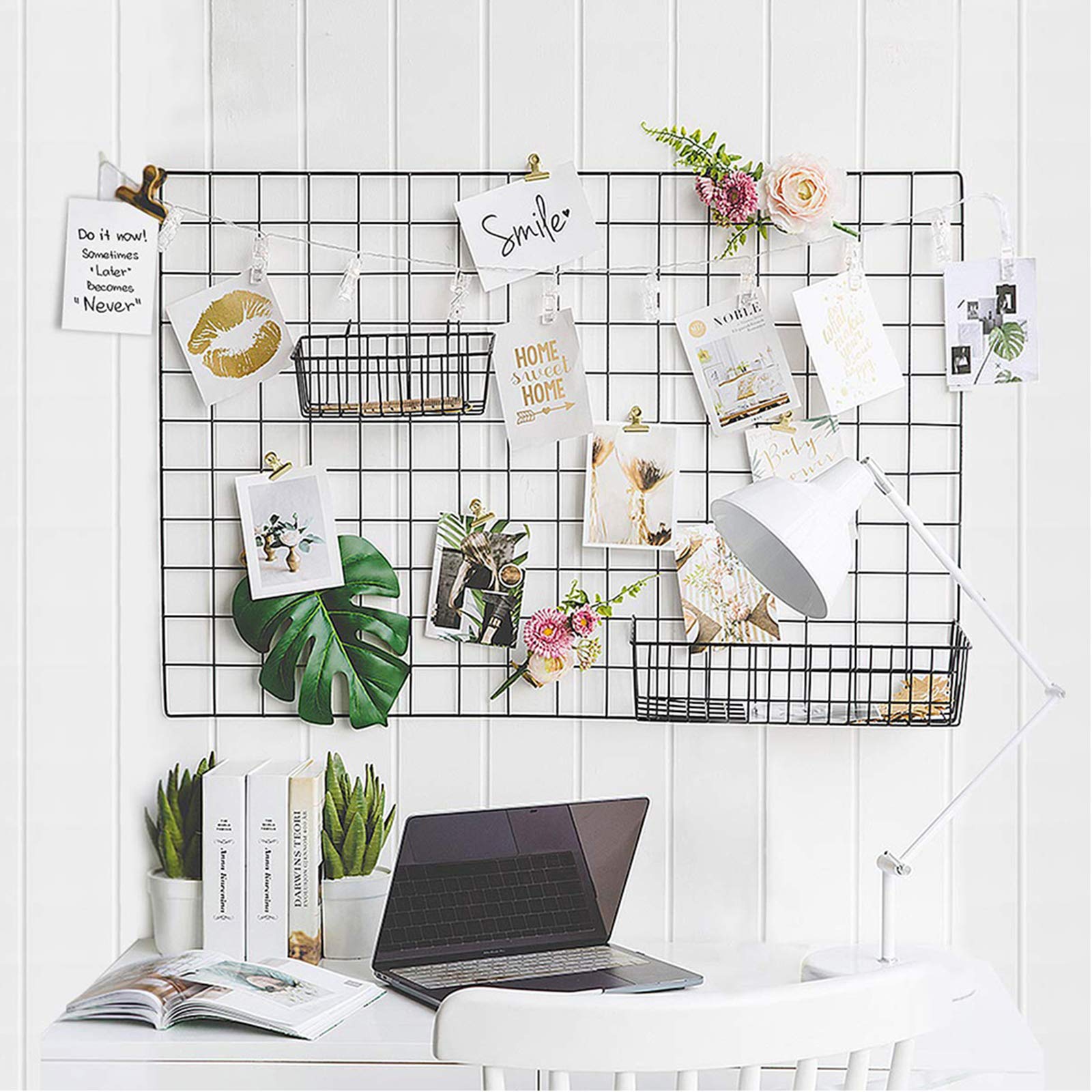 GBYAN 2 Pack Wire Wall Grid Panels with Lights and Clips, Large Photo Board for Picture Display, Wall Organizer Grid Wall Shelf 