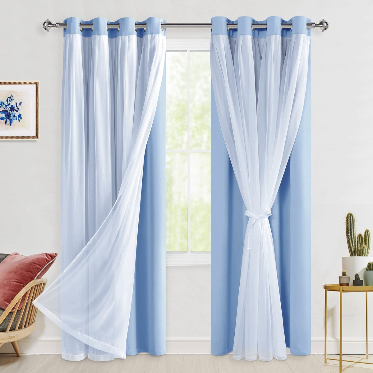 Hiasan Baby Blue Blackout Curtains with Sheer 84 Inches Long, Thermal Insulated Mix Match Double Layer Room Darkening Curtains f
