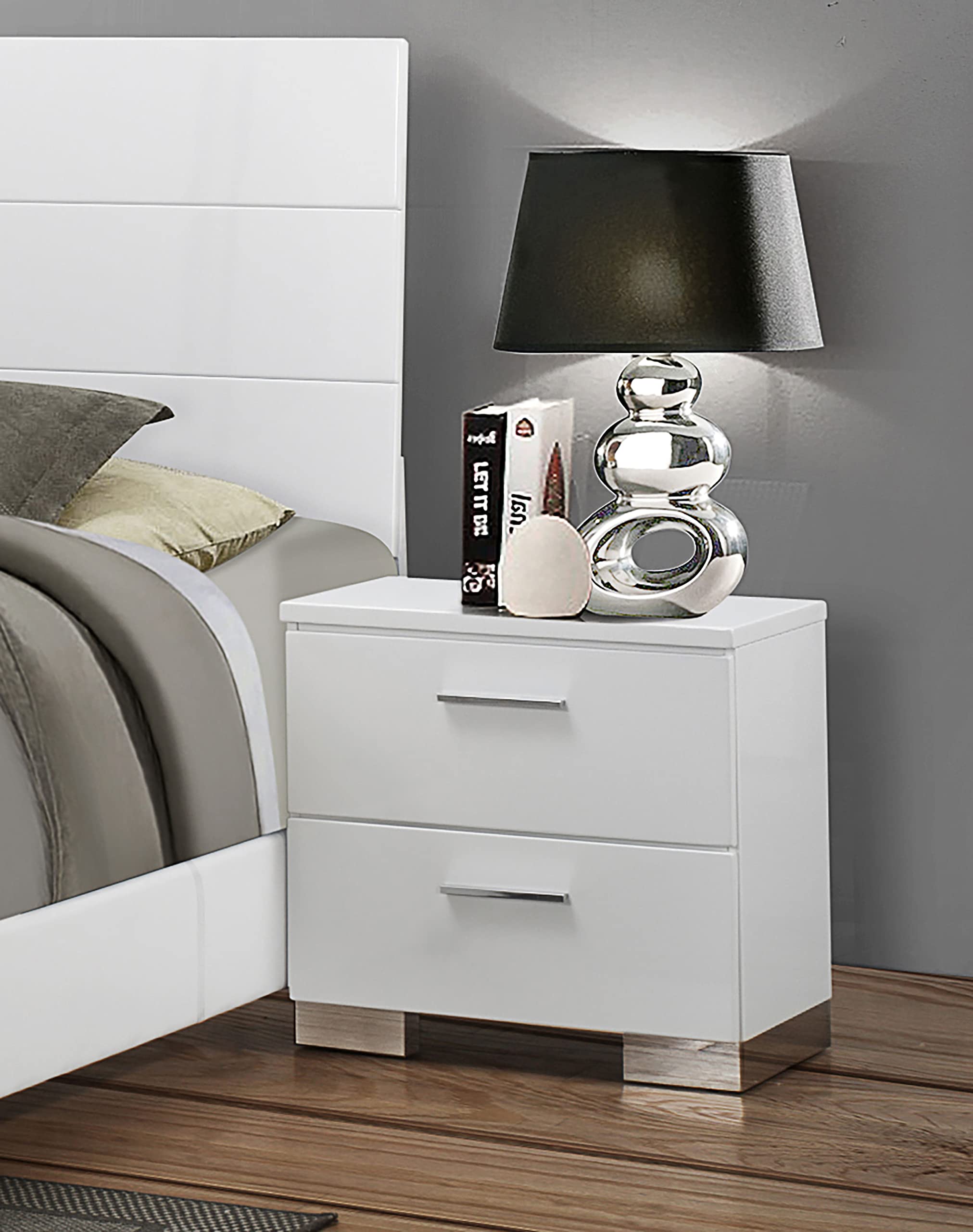 Coaster Home Furnishings Contemporary Felicity 2 Drawer Nightstand Bedside Table No Assembly White High Gloss 203502