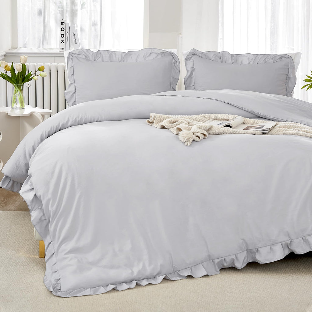 Litanika Light Grey Queen Comforter Set, 3 Pieces Ruffle Farmhouse Aesthetic Bedding Comforter Set, All Season Soft Lightweight