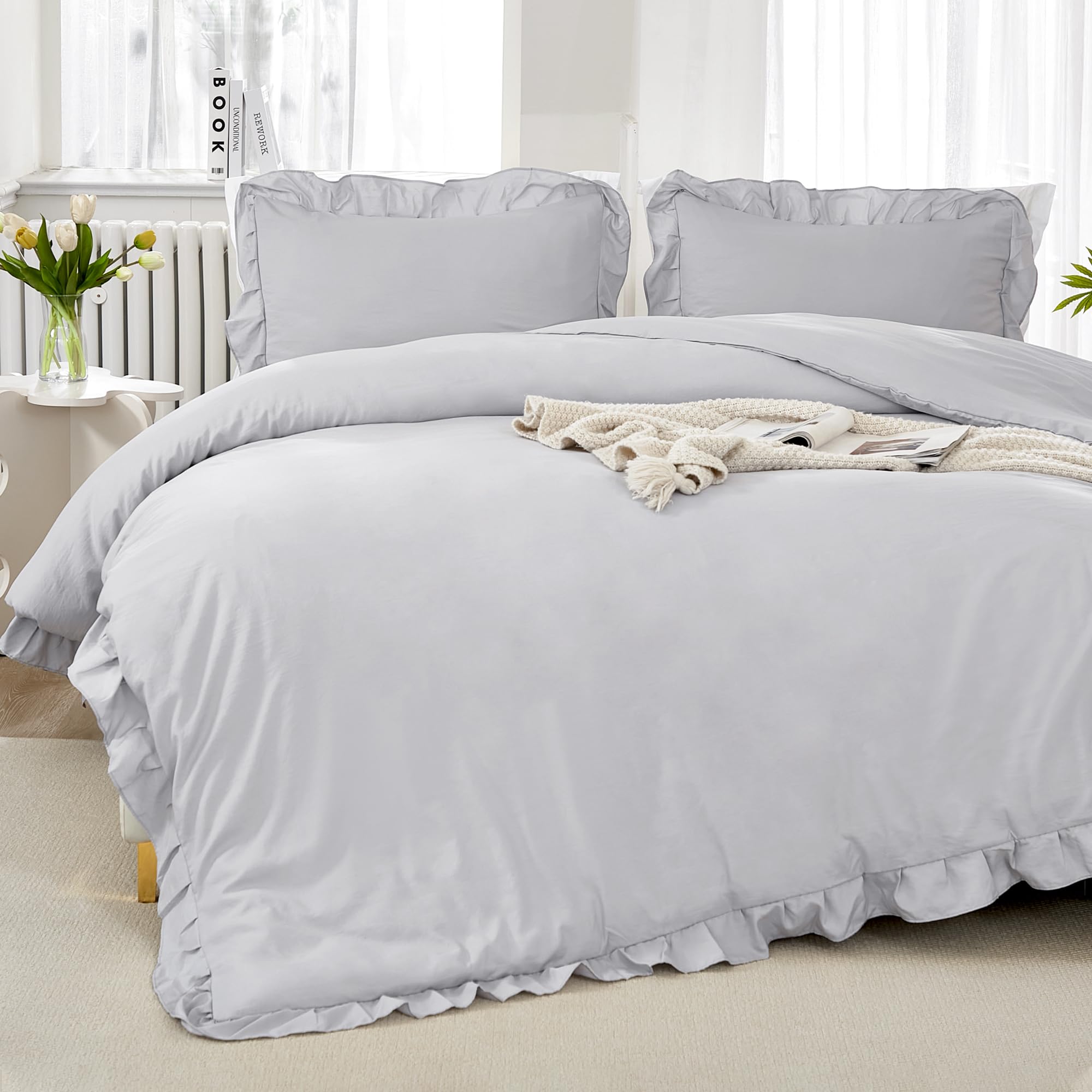 Litanika Light Grey Queen Comforter Set, 3 Pieces Ruffle Farmhouse Aesthetic Bedding Comforter Set, All Season Soft Lightweight