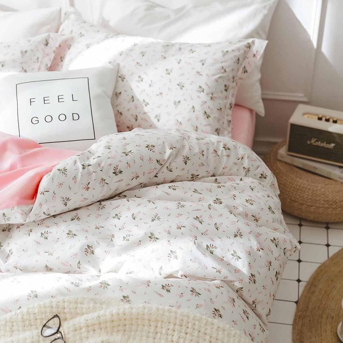 Faincy Floral Full Size Comforter Set, Pink White Flower Leaf Pattern Printed Preppy Reversible Alternative Bed Sets - 80 X 90 3