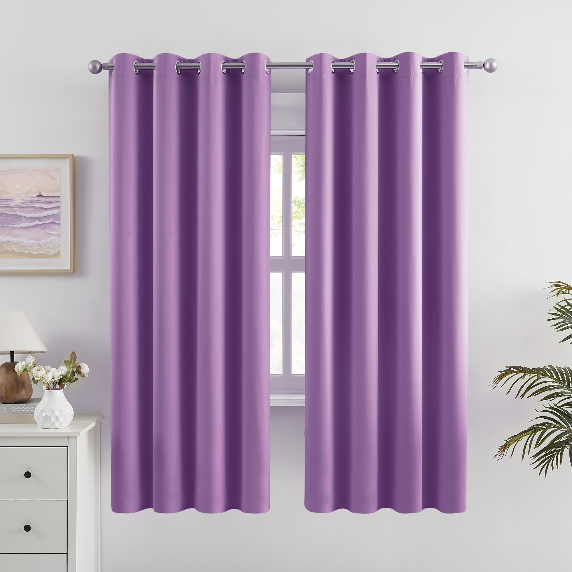 Dualife Blackout Solid Curtains For Kids Room Purple Bedroom Curtains Set Window Treatment Drapes Thermal Insulated Curtains For