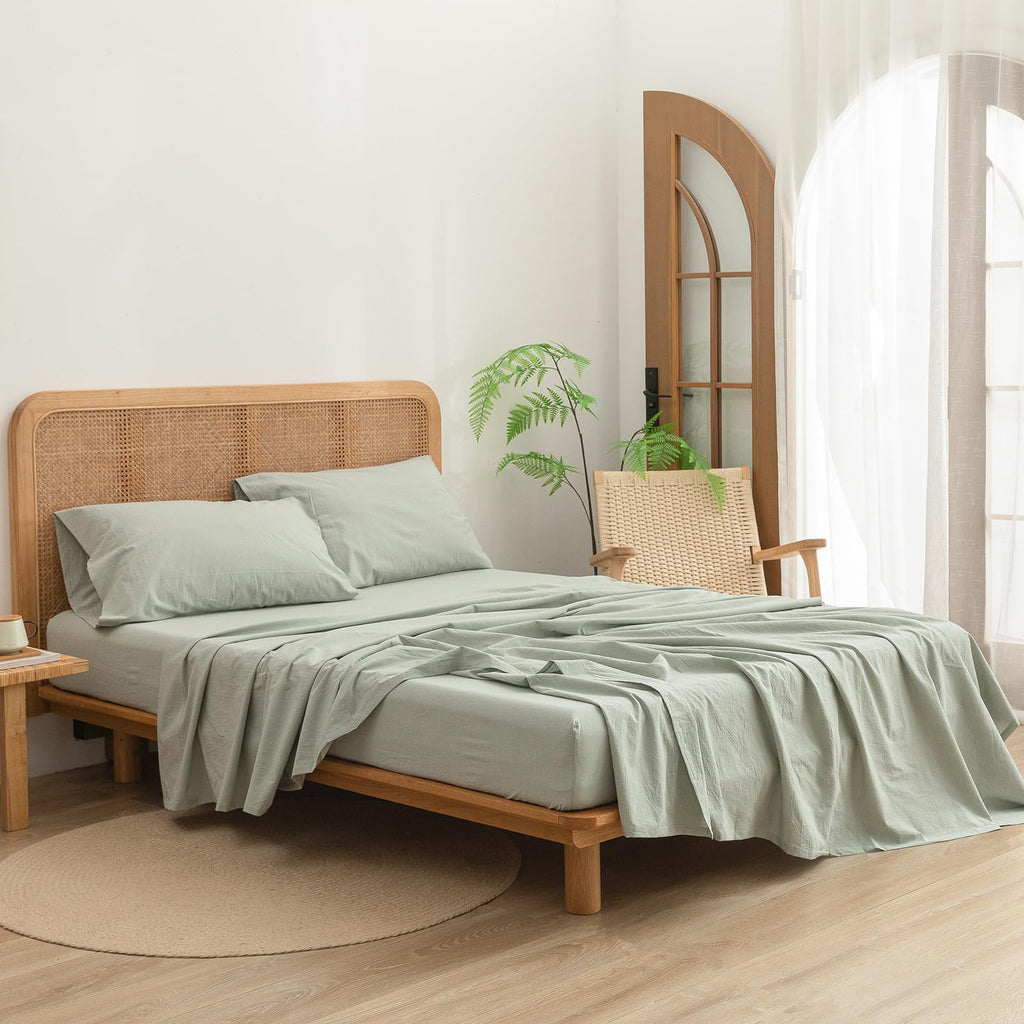 Bestouch Sheet Set 100% Washed Cotton Linen Feel Super Soft Comfortable Chic Lightweight 4 Pcs Home Bedding Set Solid Sage Green