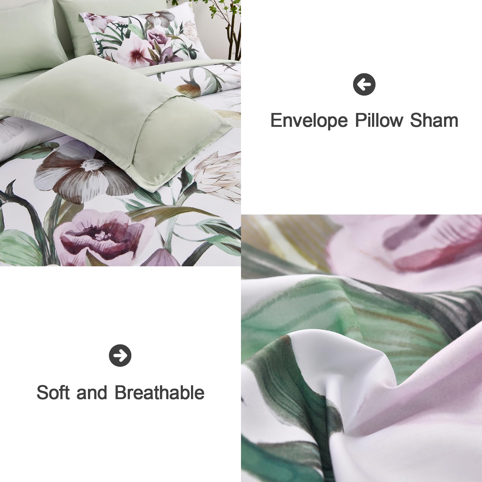 Luxudecor Floral Comforter Set King Size 7 Piece, Green Flower Bed In A Bag, Elegant Floral Comforter With Sheet Set, Soft Micro