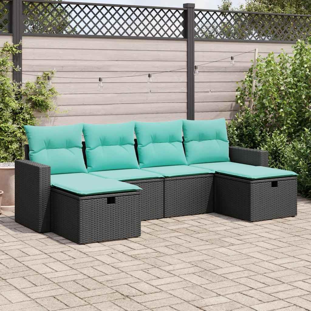 vidaXL 6 Piece Patio Sofa Set with Cushions - Black Poly Rattan/Steel Outdoor Furniture for Garden, Terrace or Deck - Weather-Resistant, UV-Resistant - Includes footstools, Storage, and Washable c...