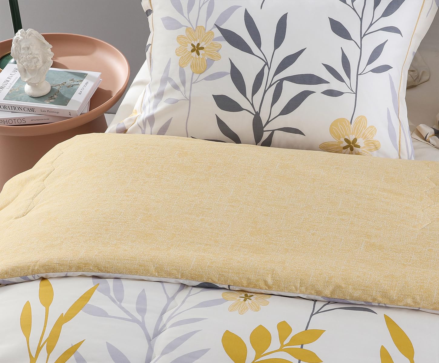 Sleepbella Comforter Twin Size, 600 Thread Count Cotton Grey Branch With Yellow Flower & Grey Leaves Pattern Orange Reversible C