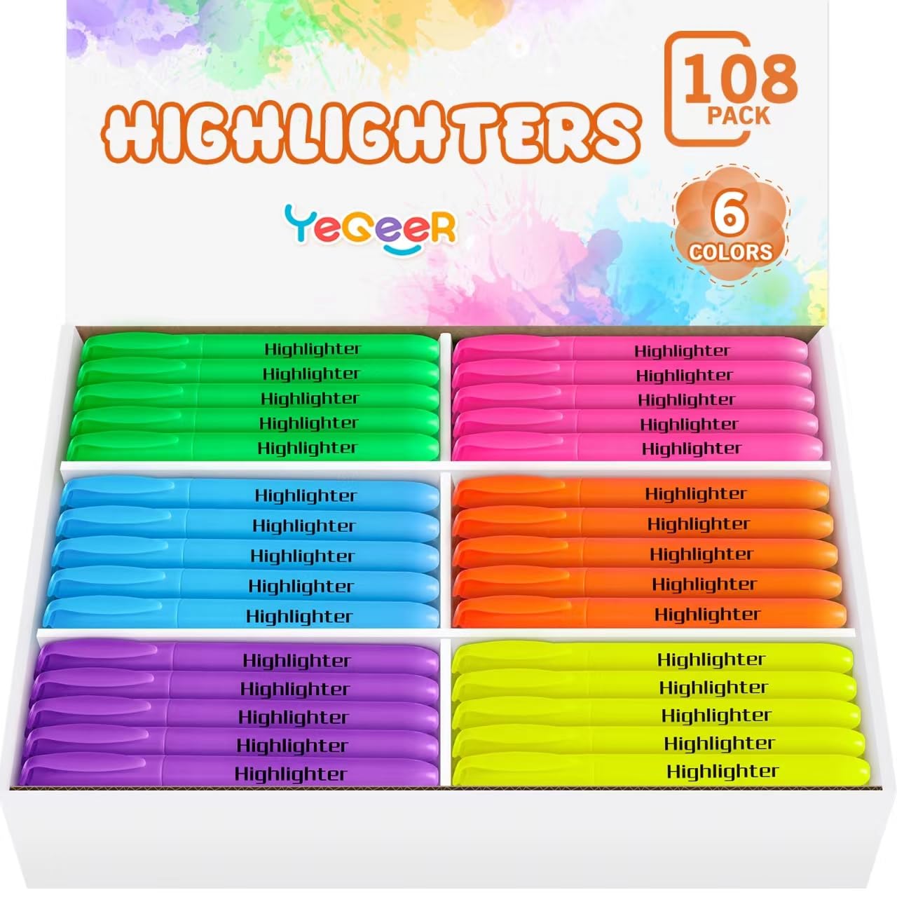 Yegeer Highlighters Bulk, Chisel Tip Dry-Quickly Highlighter Markers, 108 Count-6 Assorted Colors Highlighters Bulk Pack For Adu