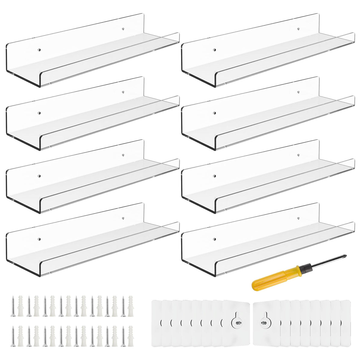 BTSD-home 8 Pack 15'' Clear Acrylic Shelves for Wall, Acrylic Wall Shelves Invisible Mounted Display Ledge Kids Bookshelf for Ba