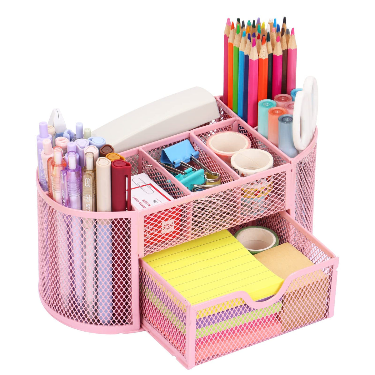 Eoout Pink Desk Organizer, Pen Holder For Desk And Accessories, Mesh Desk Organizer With 8 Compartments And 1 Drawer For Office