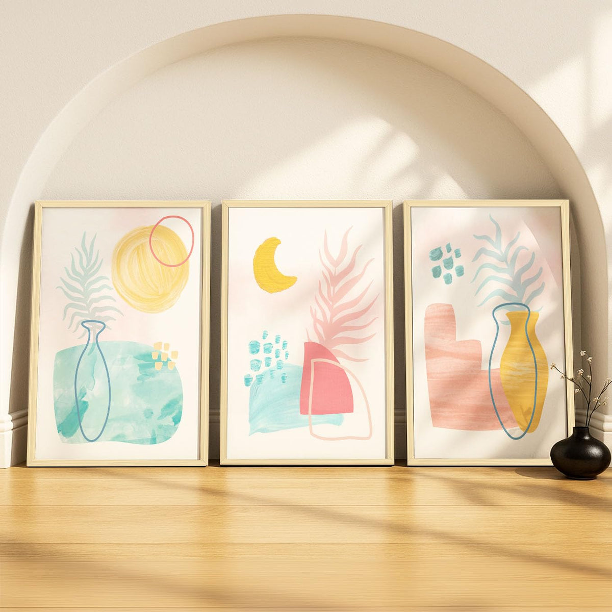 SoulAbiti Pastel Vase Abstractions set of 3 Framed Wall Print 12x18 inch Light Brown Frame PlexiGlass Abstract Art ready to han