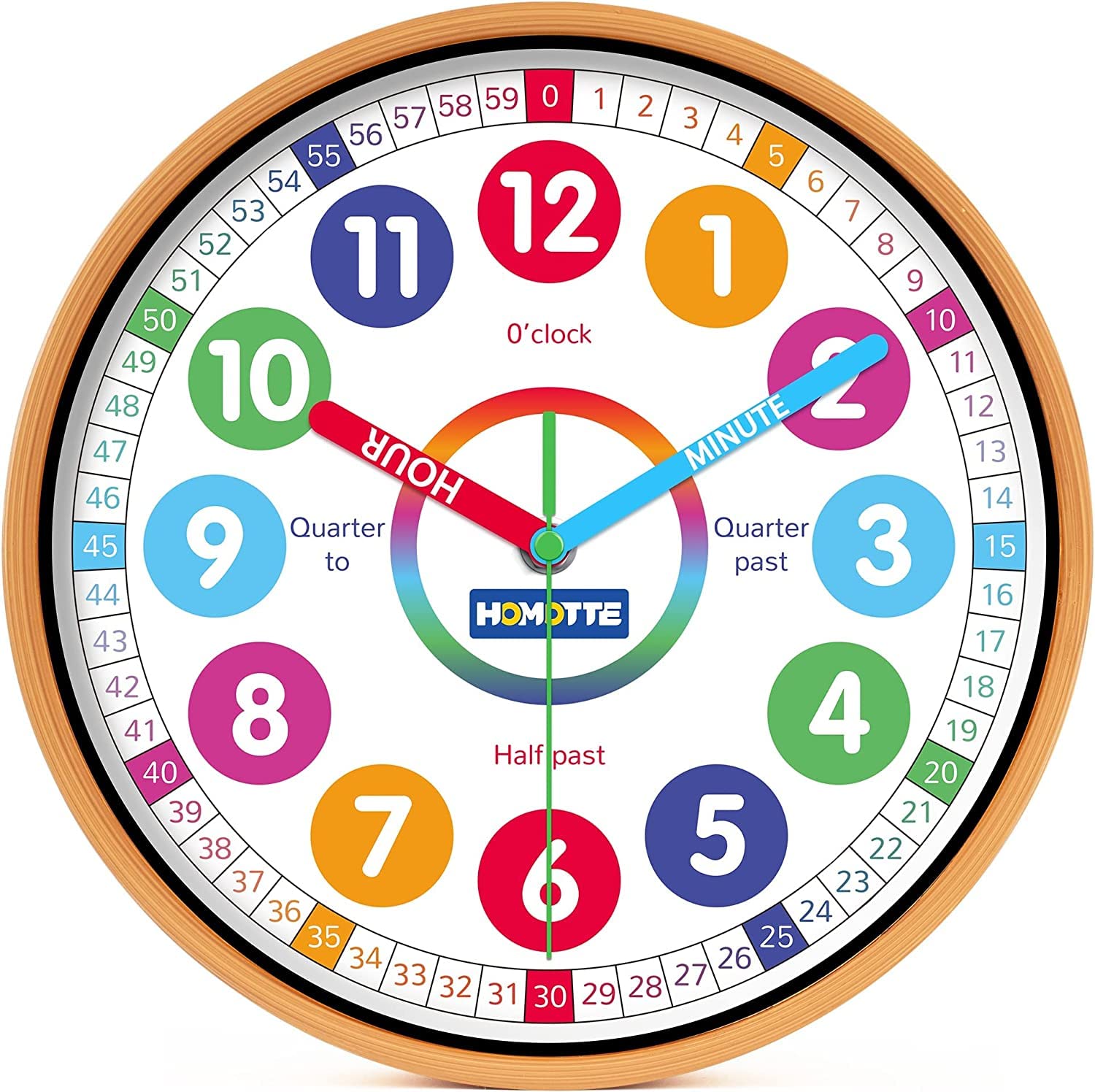 Homotte Kids Wall Clock for Bedroom, 10 Inch Round Multi-Colored Learning Clock, Childrens Silent Analog Non-Ticking Educationa
