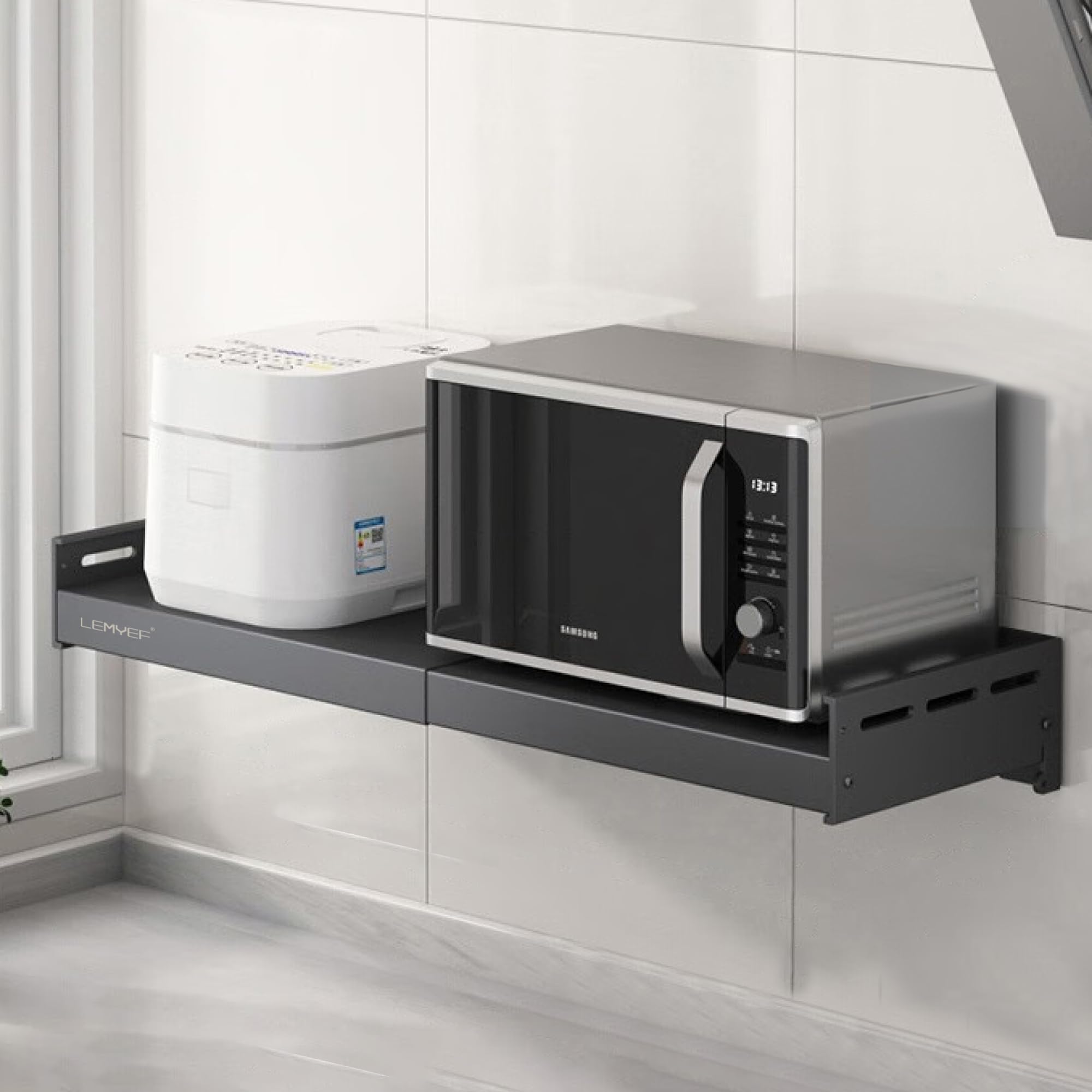 LEMYEF Stainless steel adjustable wall mount shelf or household grade wall mount microwave oven shelf, removable countertop, sta