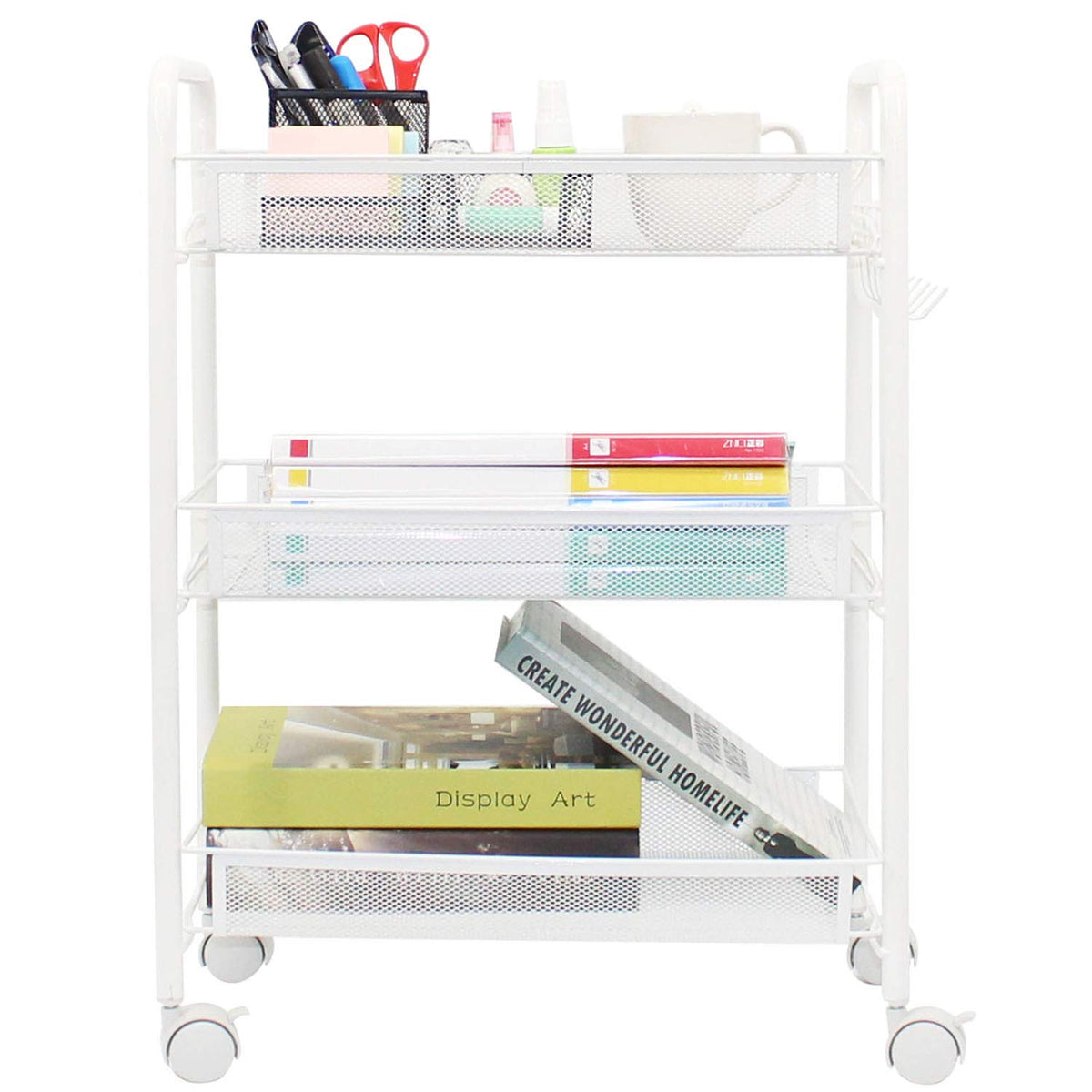 OVICAR Mesh Wire 3 Tier Rolling Cart, Kitchen Storage Utility Cart, Multifunction Basket Stand for Bathroom, Full Metal Storage 