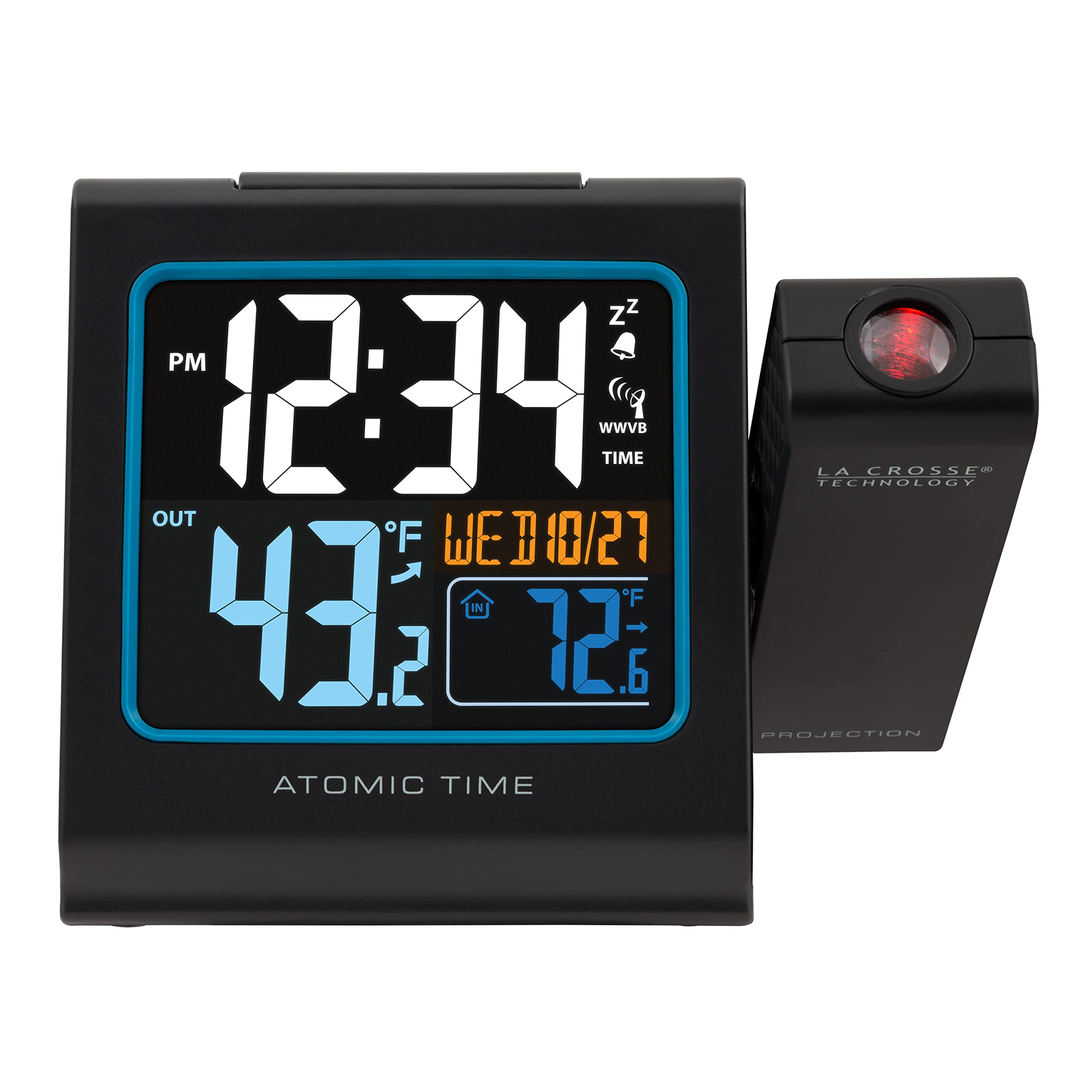 La Crosse Technology Color Projection Alarm Clock with Indoor/Outdoor Temperature & Charging USB Port, Wireless, Backlit, Black,
