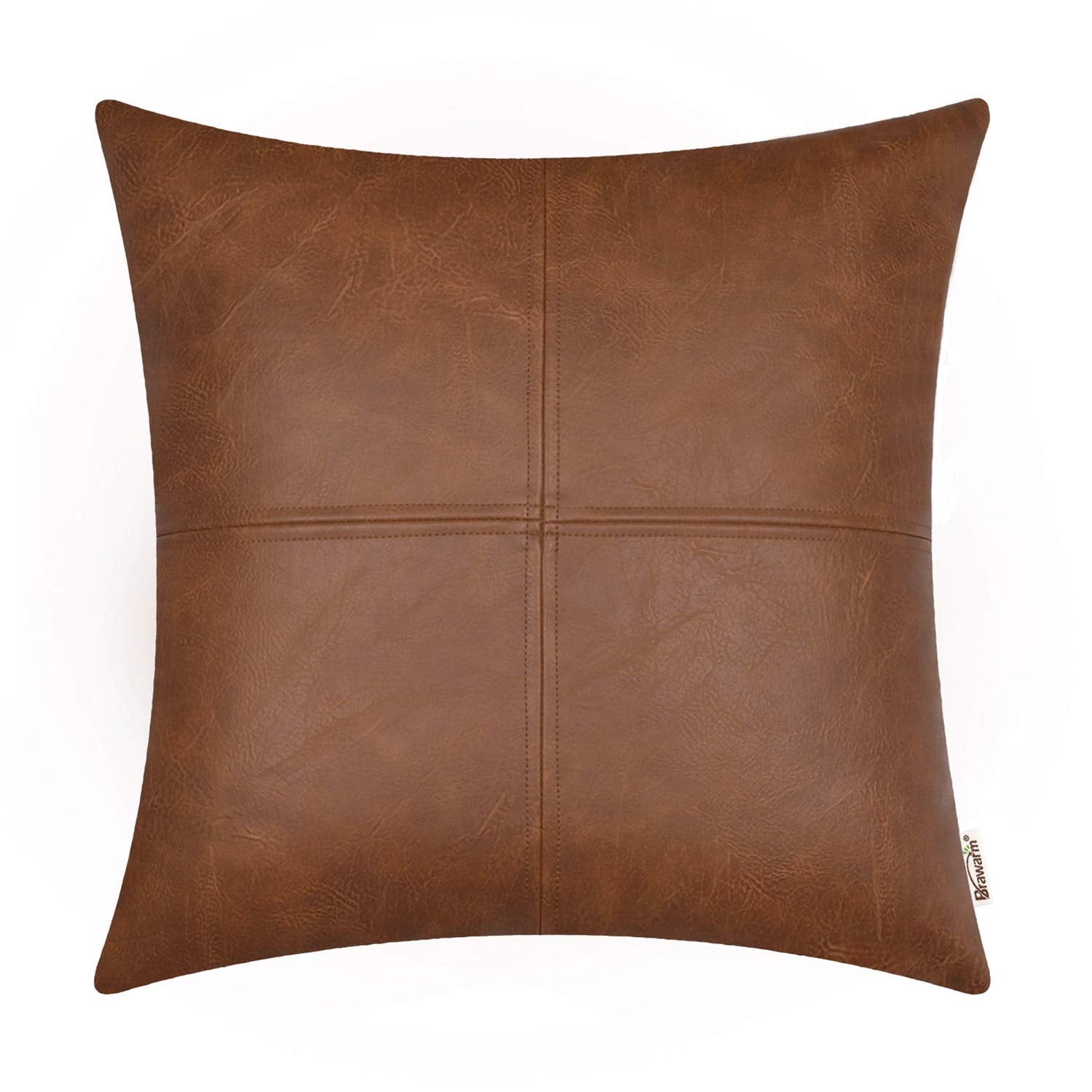Brawarm Faux Leather Throw Pillow Covers 16 X 16 Inches, Brown Leather Pillow Cover, Hand Stitched Leather Decorative Pillow Cov