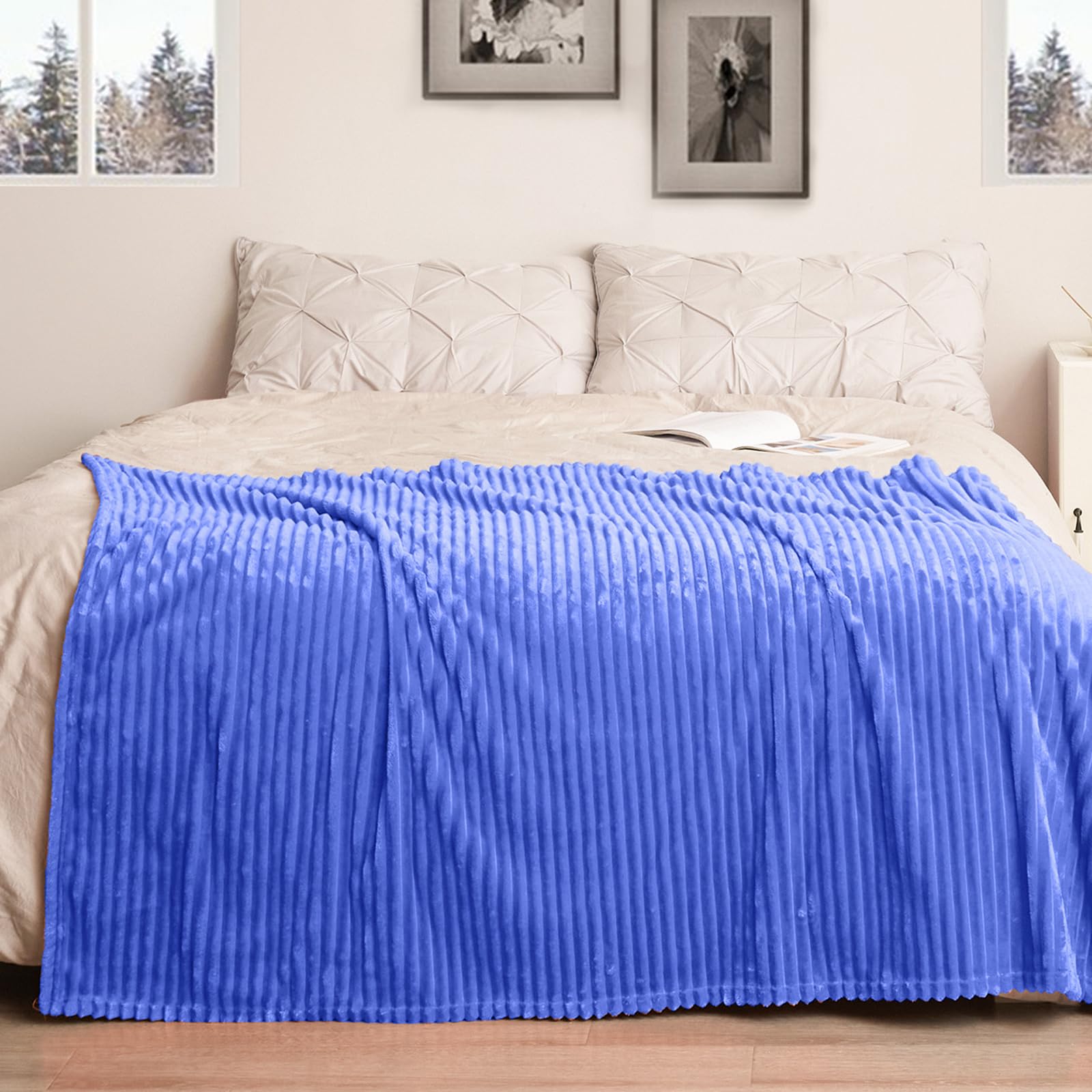 Vessia Flannel Fleece Throw Blanket For Couch,Sofa,Bed, 300Gsm Striped Blue Blanket Throw For Adults And Kids, Super Soft Warm C