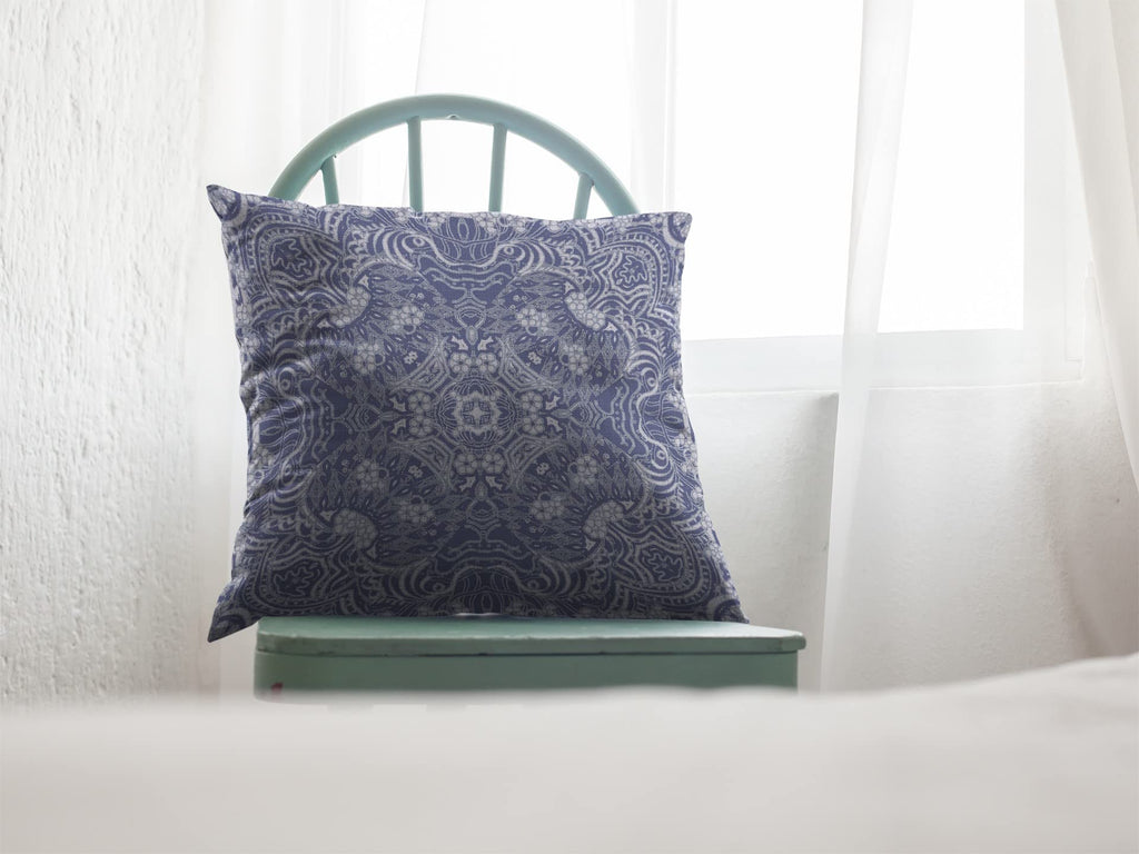 HomeRoots Indigo On White Broadcloth 16â€ Indigo White Boho Ornate Indoor Outdoor Throw Pillow