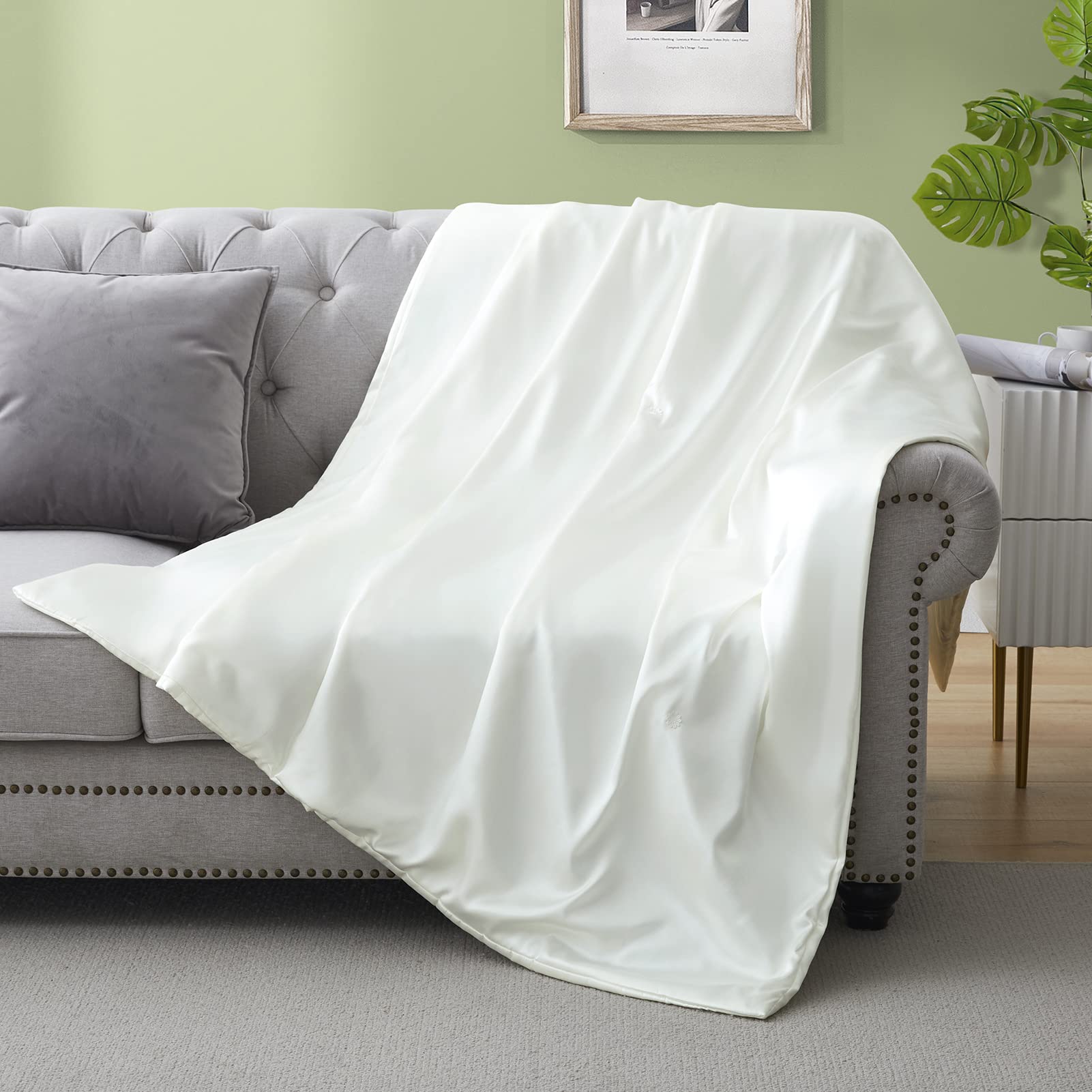 Silk Throw Blanket - White Cooling Packable Satin Blanket For Couch, Bed, Camping, Outdoor, Travel, Car - Super Soft Lightweight