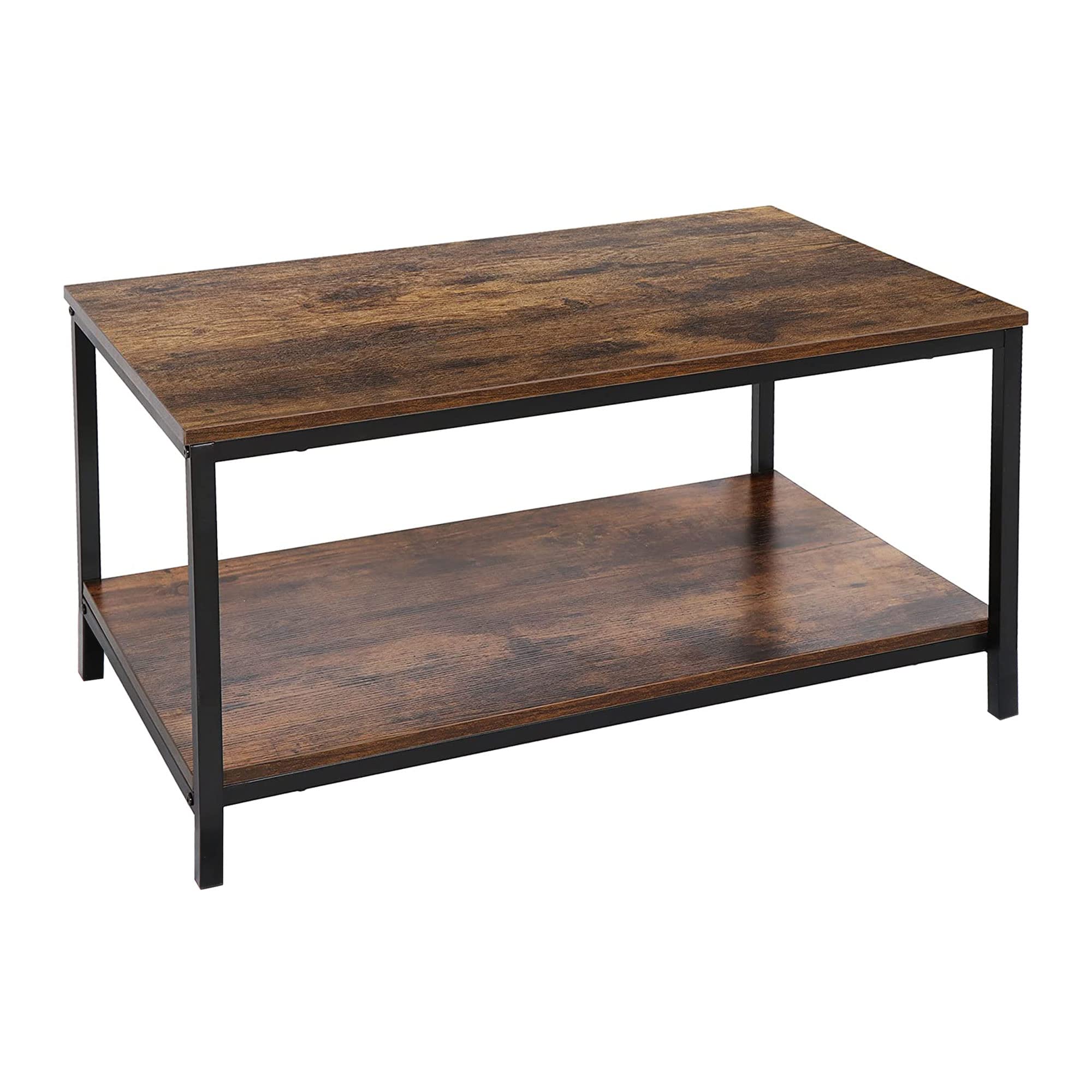Super Deal 2-Tier Industrial Coffee Table With Storage Shelf For Small Apartment Living Room, Rectangle Wood And Stable Metal Tv Stand Side End Table, Rustic Brown