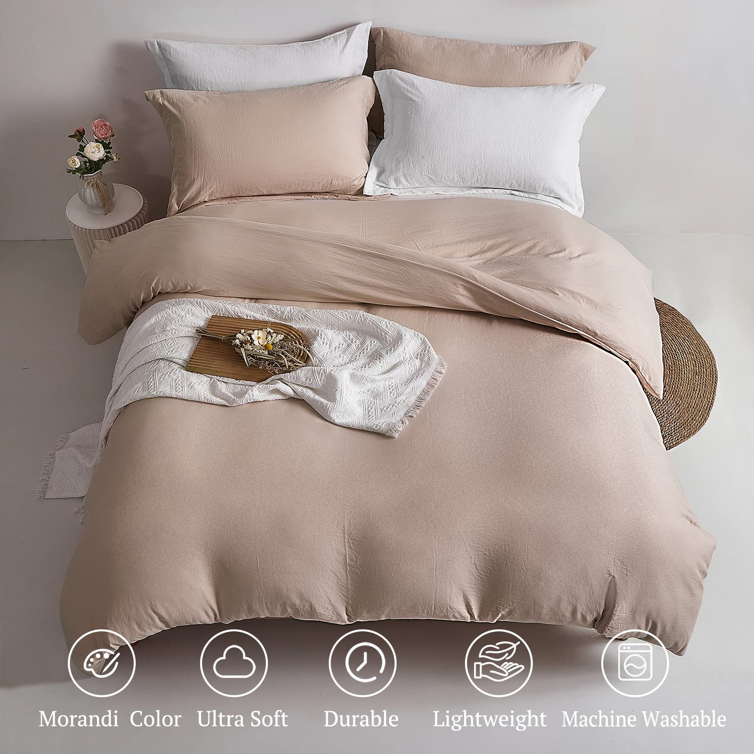 Mildly Super Soft Duvet Cover - 100% Washed Microfiber Rugby Tan Comforter Cover Set 3 Pieces With Zipper Closure & Corner Ties