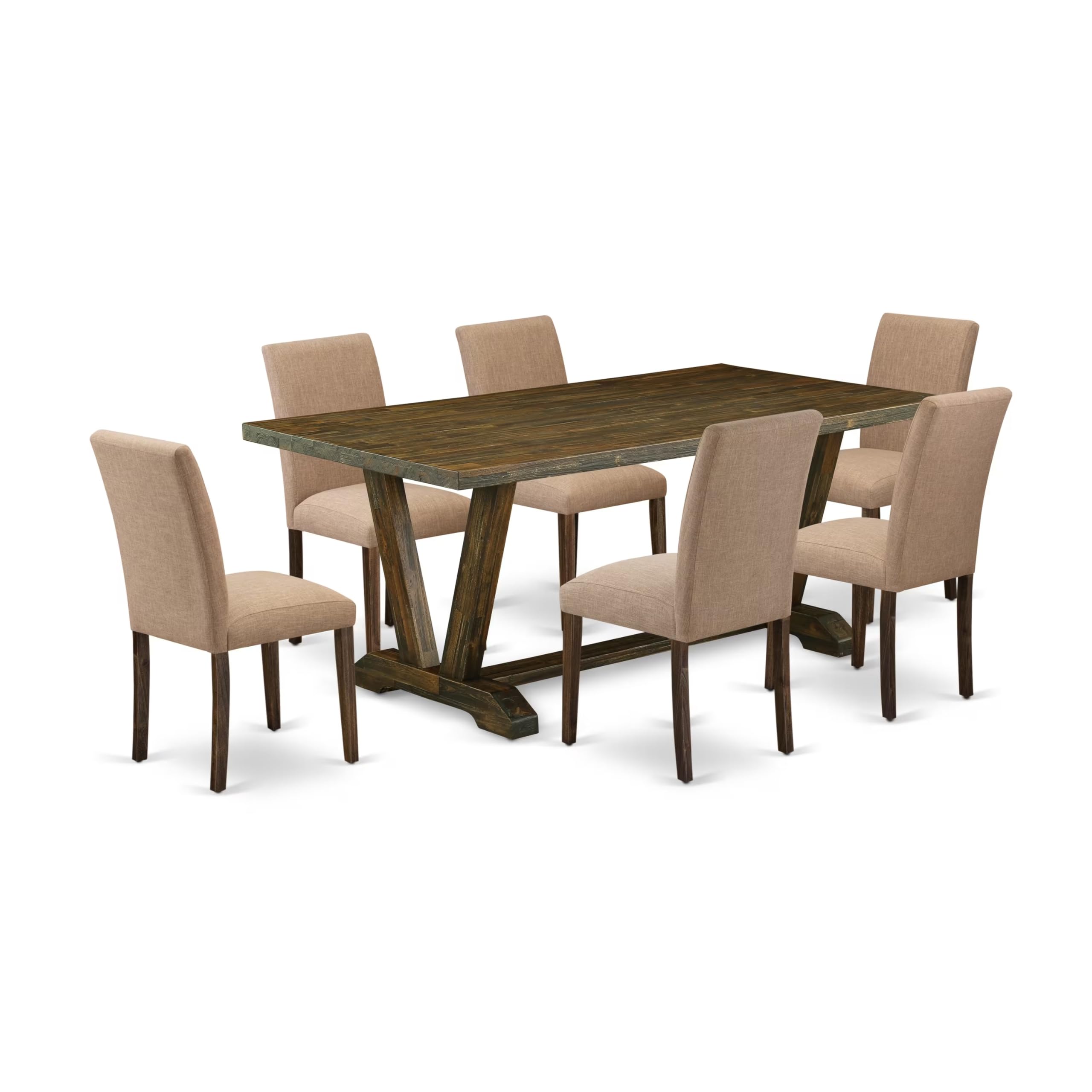 East West Furniture V-Style 7 Piece Dinette Set Consist Of A Rectangle Table With V-Legs And 6 Light Sable Linen Fabric Parson Dining Room Chairs, 40X72 Inch, Multi-Color