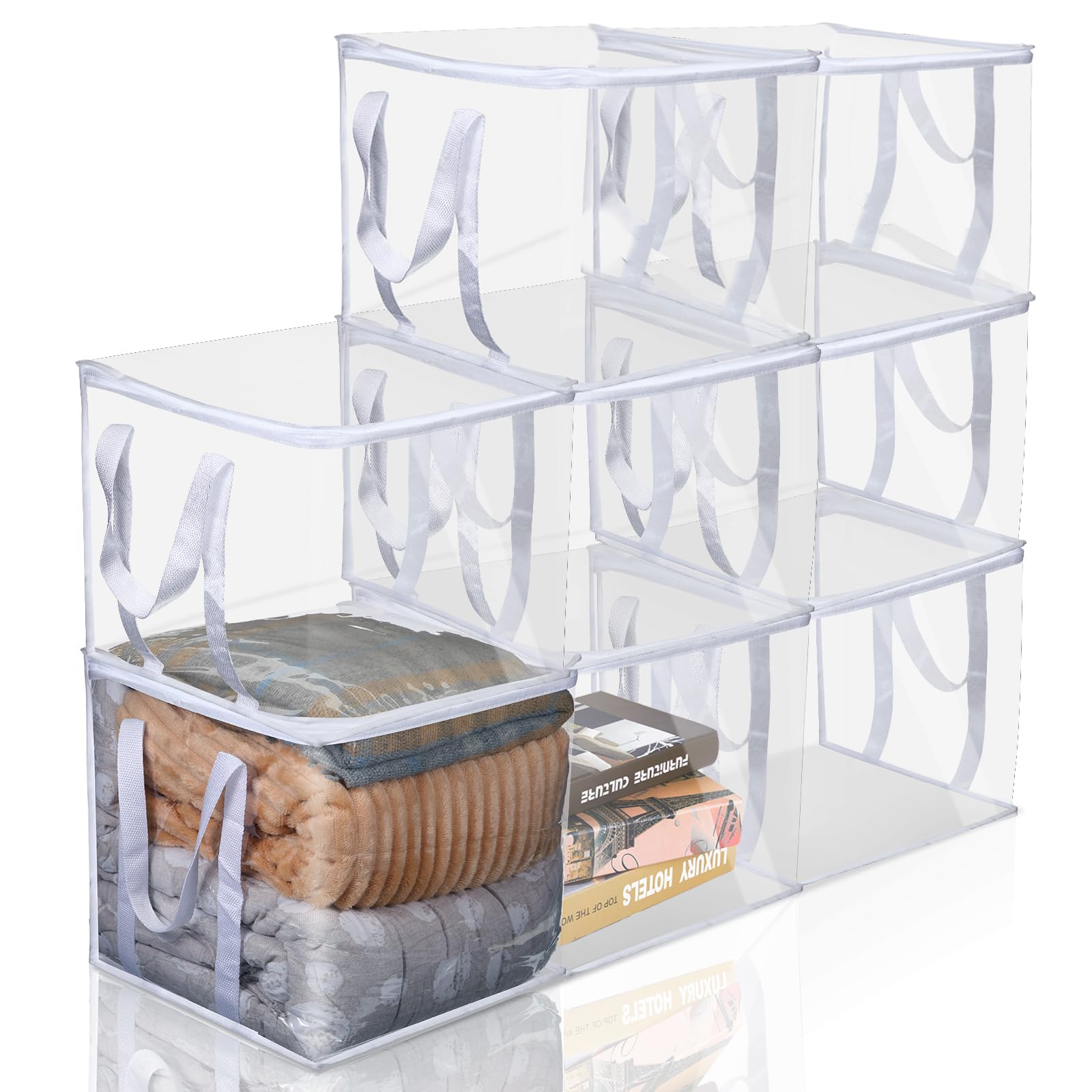 8 Pcs Clear Zippered Organizers 12''x12''x12'' Moving Bags with Reinforced Handles Heavy Duty Storage Cube Tote Storage Blanket 