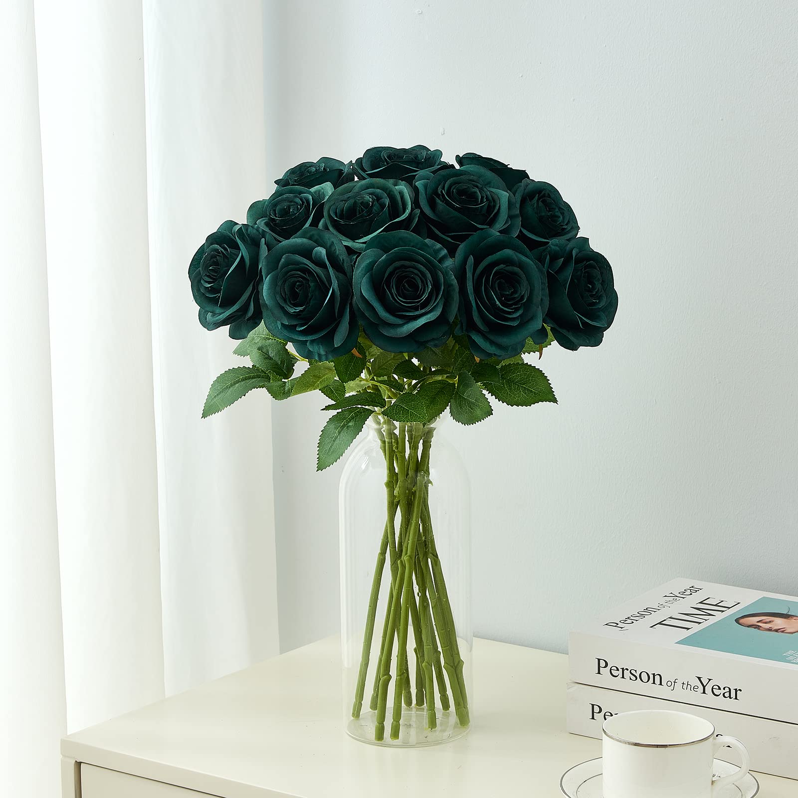 Helera 12Pc Peacock Green Roses Artificial Flowers Fake Roses Silk Flowers Roses With Long Stems For Wedding Home Party Centerpi